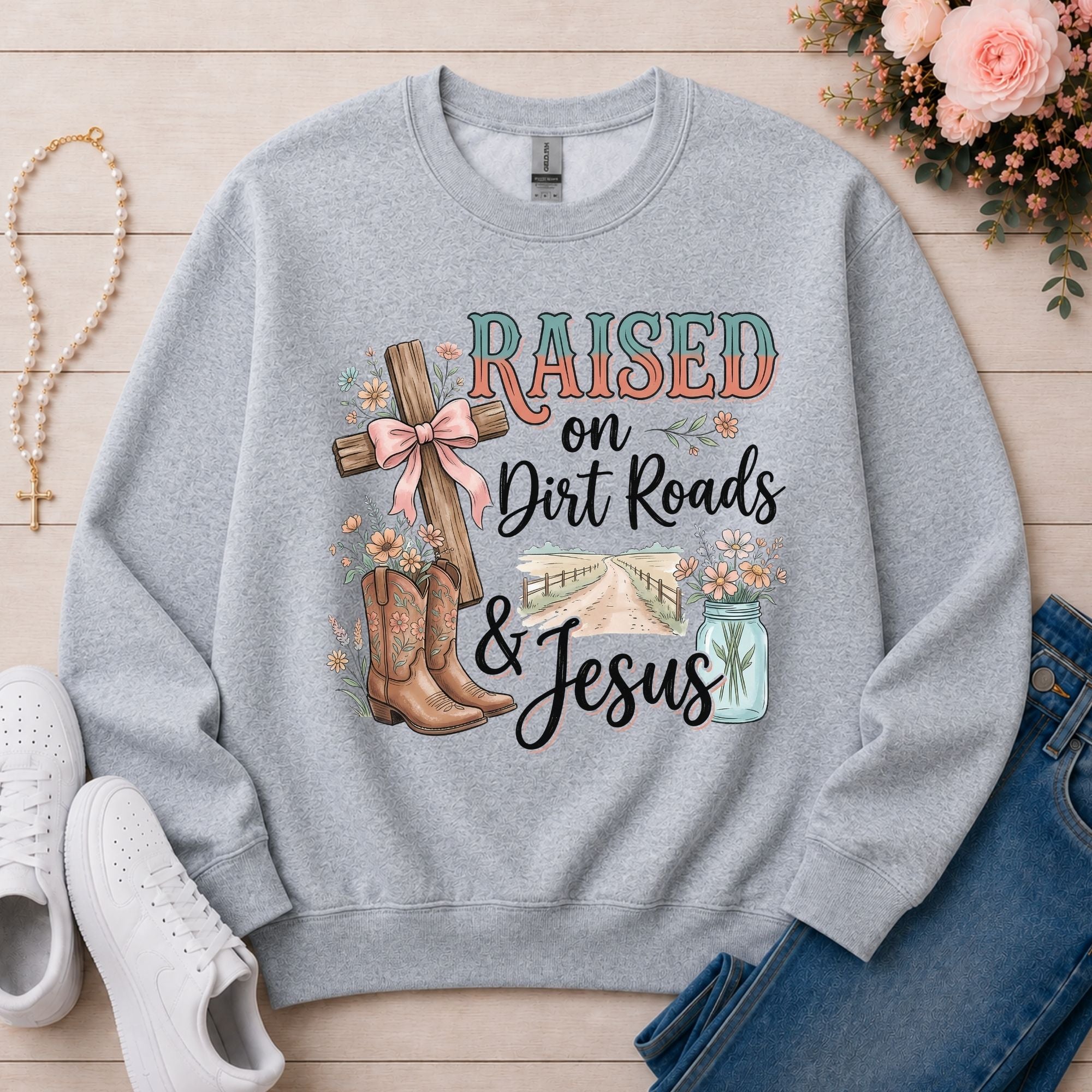 Raised on Dirt Roads & Jesus Christian sweatshirt in Sport Grey
