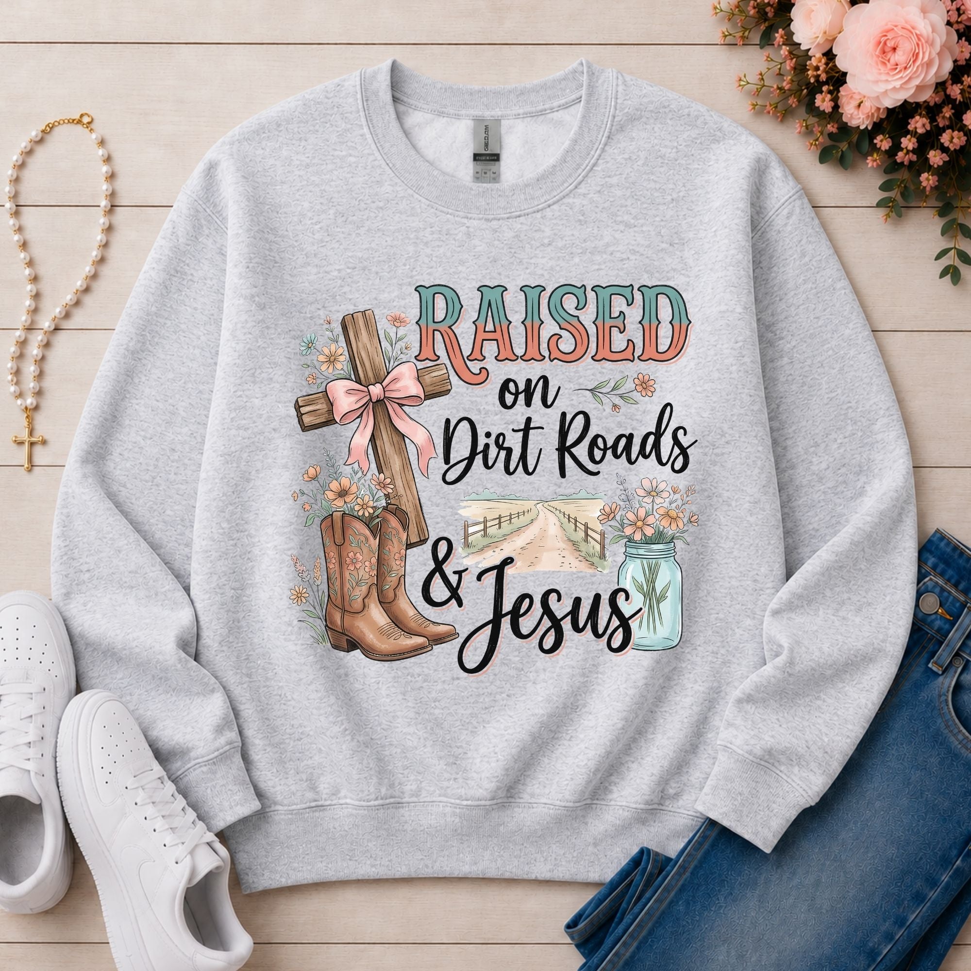 Raised on Dirt Roads & Jesus Christian sweatshirt in Ash
