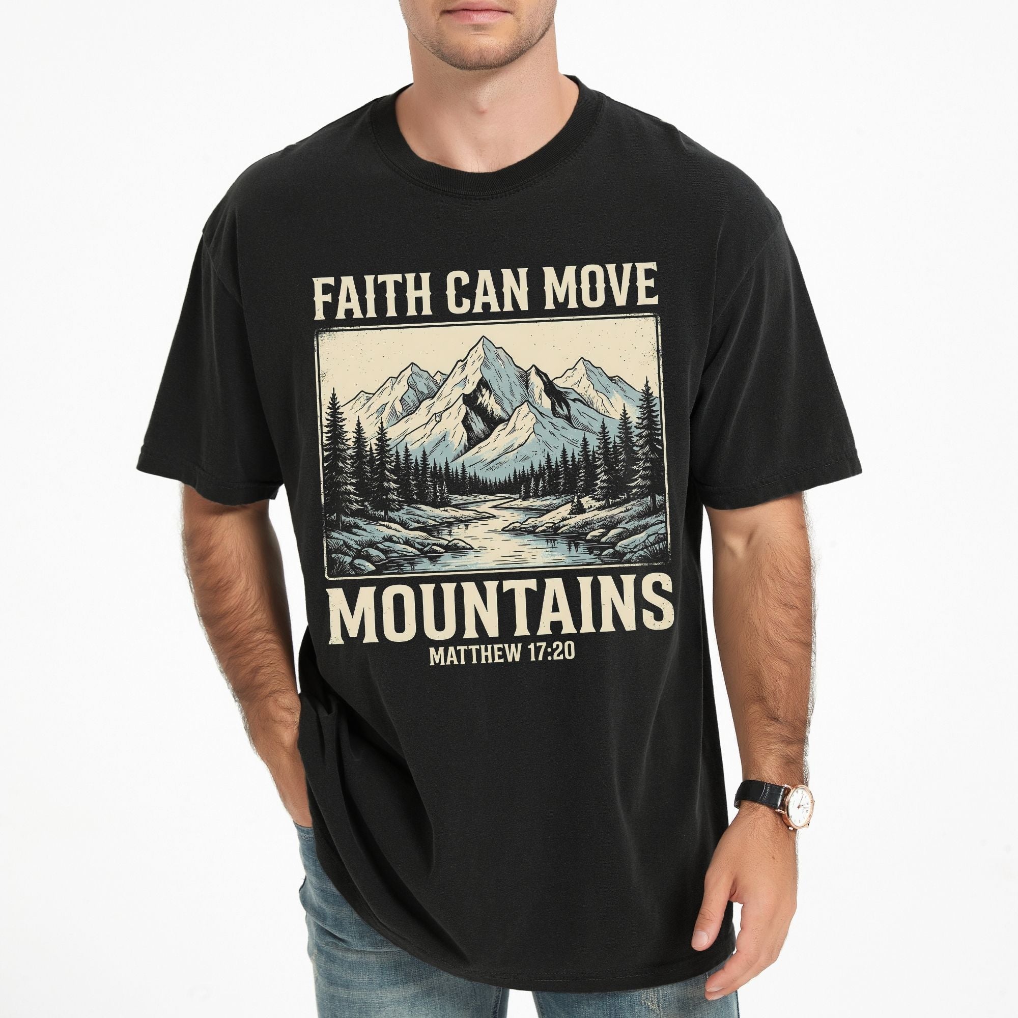 Man wearing Faith Can Move Mountains Christian T-Shirt in Black