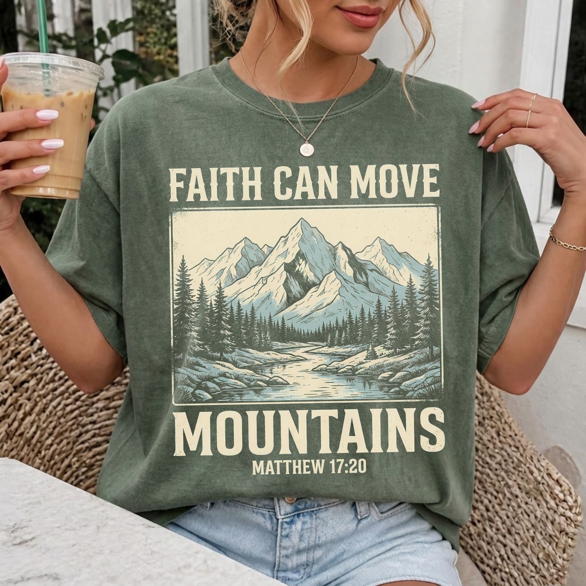 Woman wearing Faith Can Move Mountains Christian T-Shirt in Moss