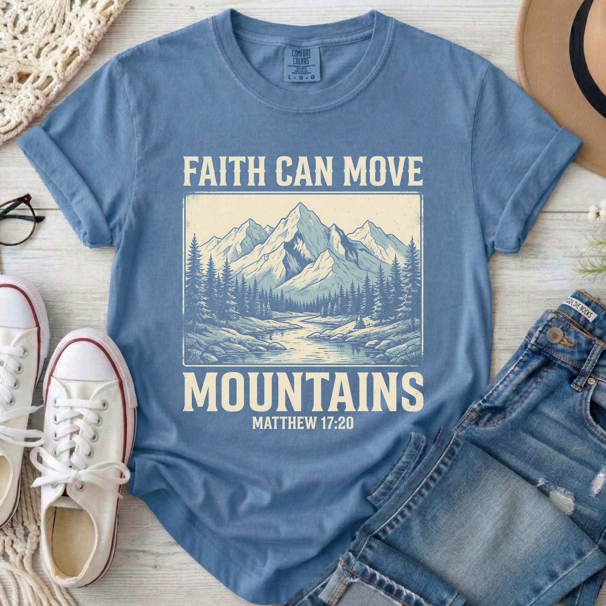 Faith Can Move Mountains Christian T-Shirt in Blue Jean