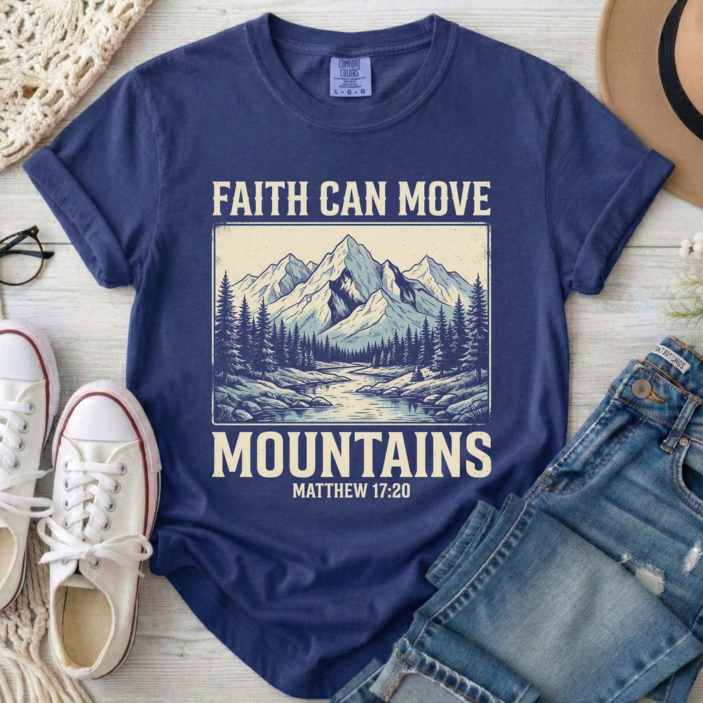 Faith Can Move Mountains Christian T-Shirt in True Navy