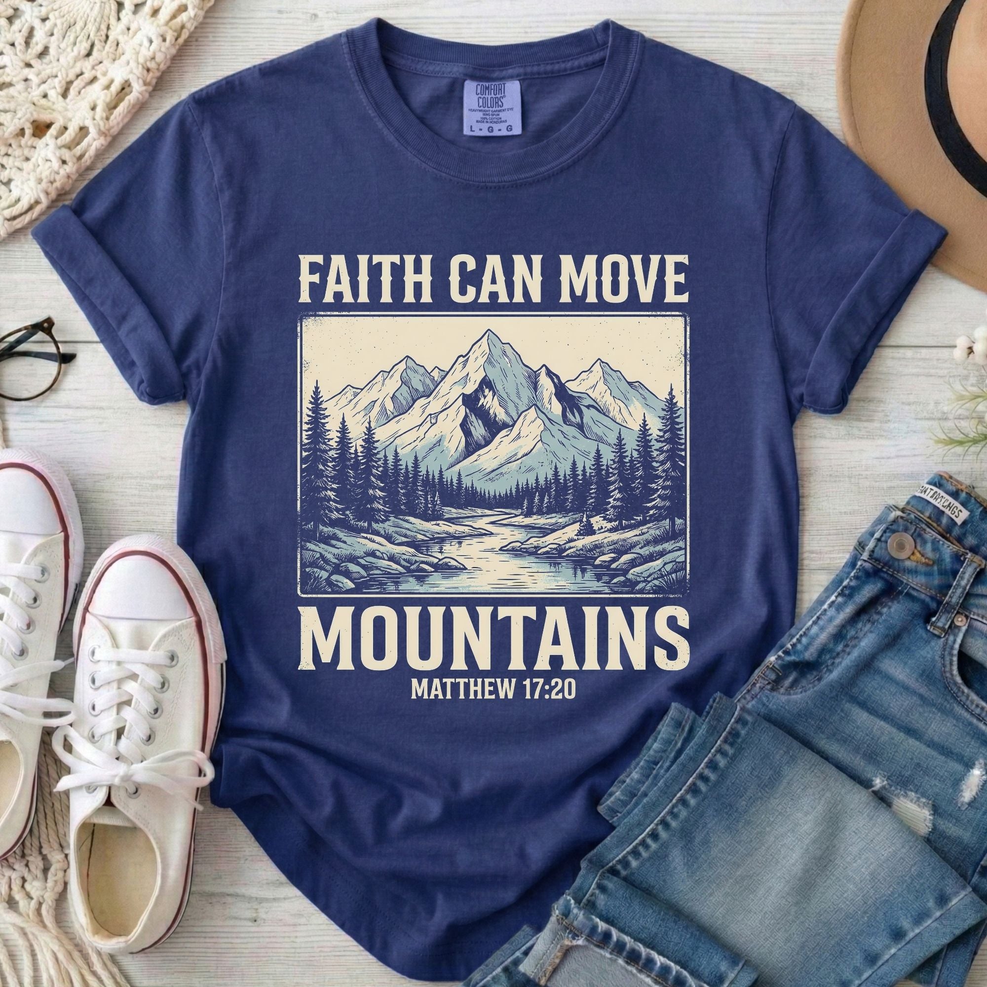 Faith Can Move Mountains Christian T-Shirt in True Navy
