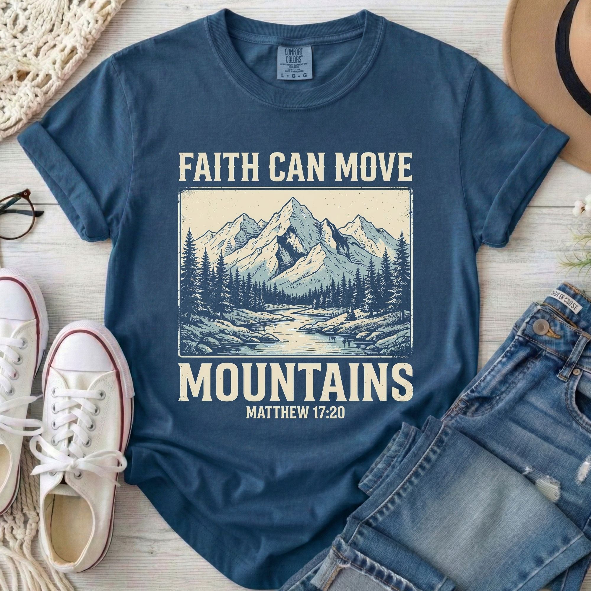 Faith Can Move Mountains Christian T-Shirt in Midnight