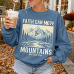 Woman wearing Faith Can Move Mountains Christian sweatshirt in Indigo Blue