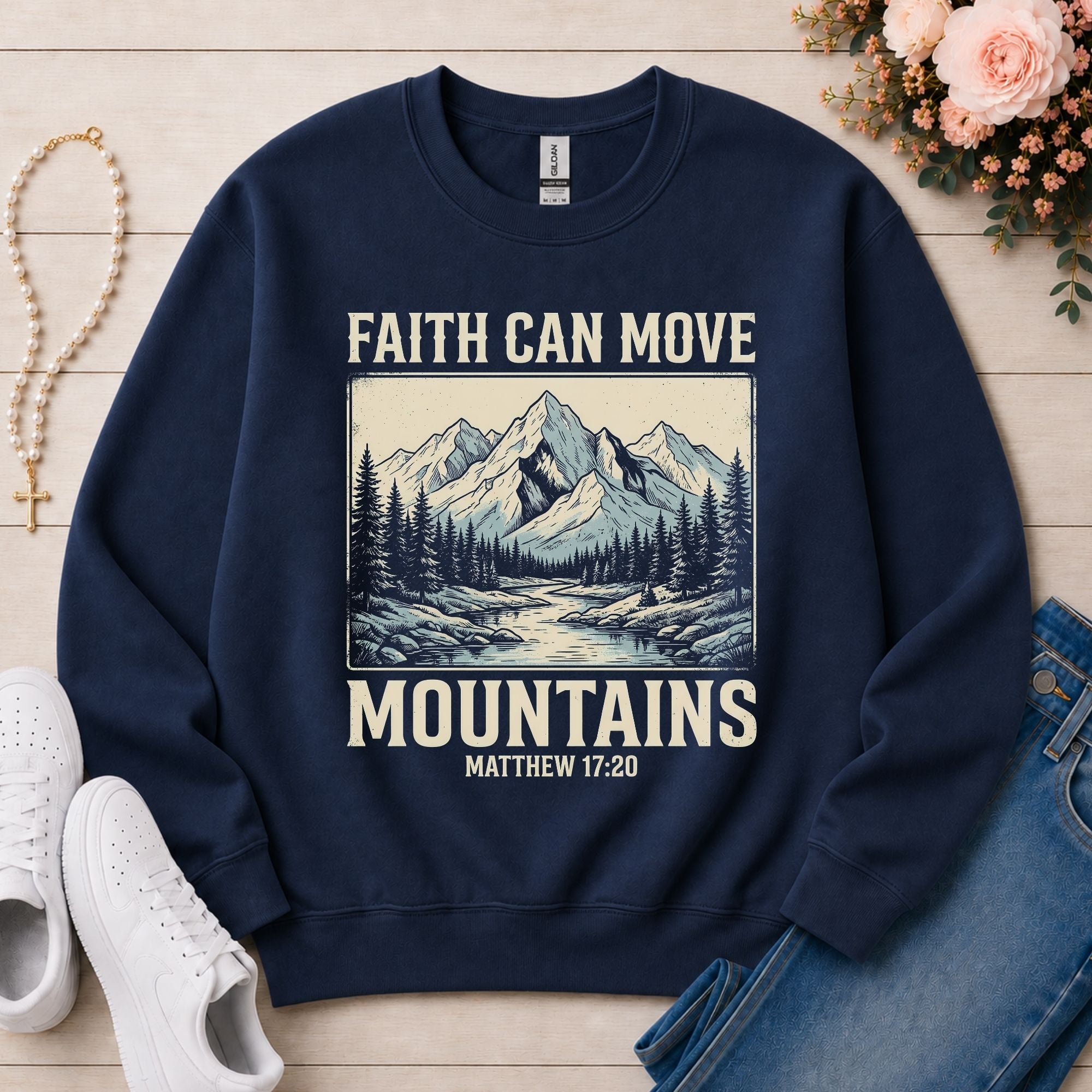 Faith Can Move Mountains Christian sweatshirt in Navy