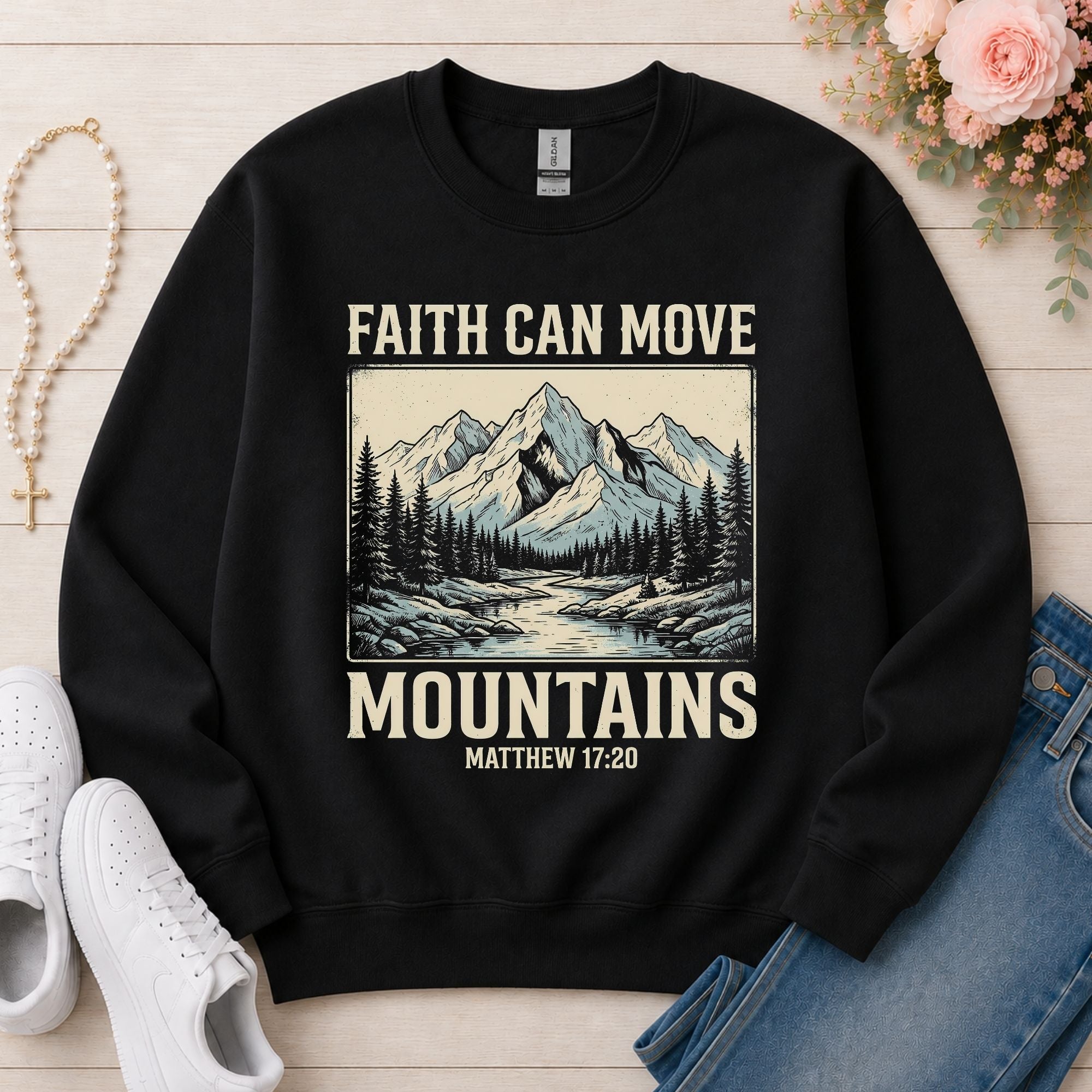 Faith Can Move Mountains Christian sweatshirt in Black