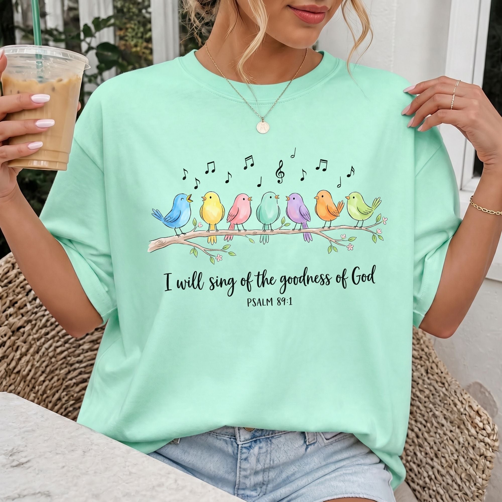 Woman wearing I Will Sing of the Goodness of God Christian Comfort Colors T-Shirt in Island Reef