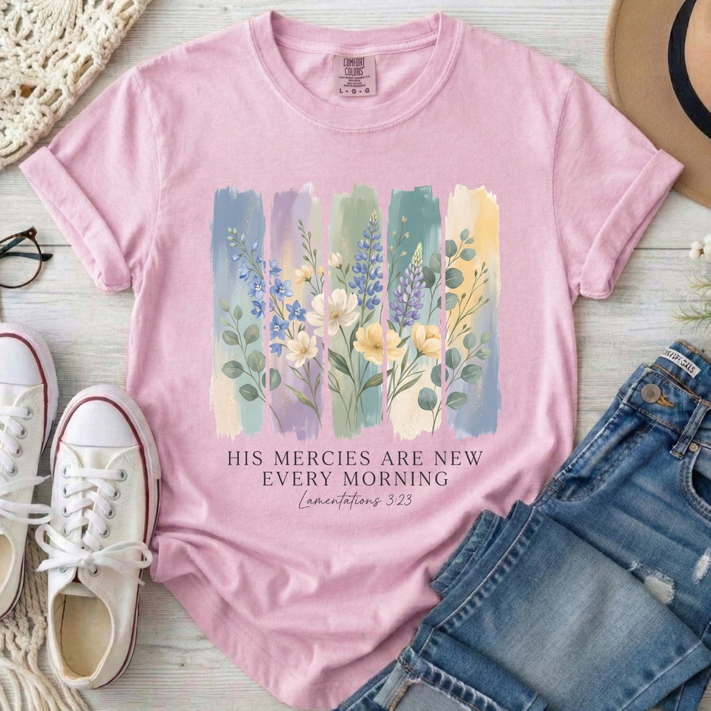His Mercies Are New Every Morning Christian Comfort Colors T-Shirt in Blossom