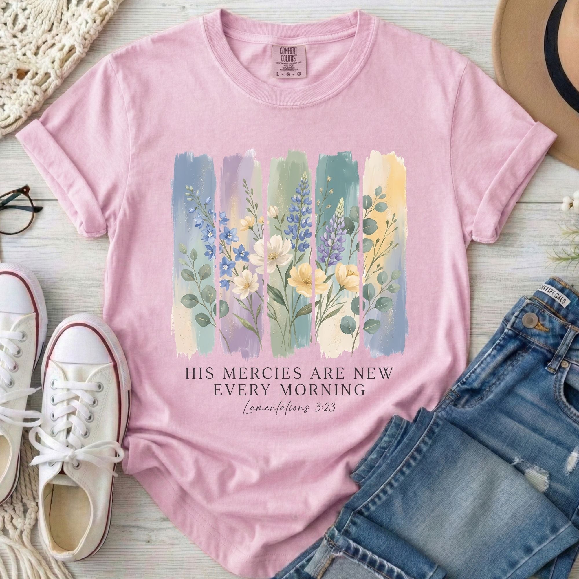 His Mercies Are New Every Morning Christian Comfort Colors T-Shirt in Blossom
