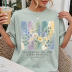 Woman wearing His Mercies Are New Every Morning Christian Comfort Colors T-Shirt in Bay