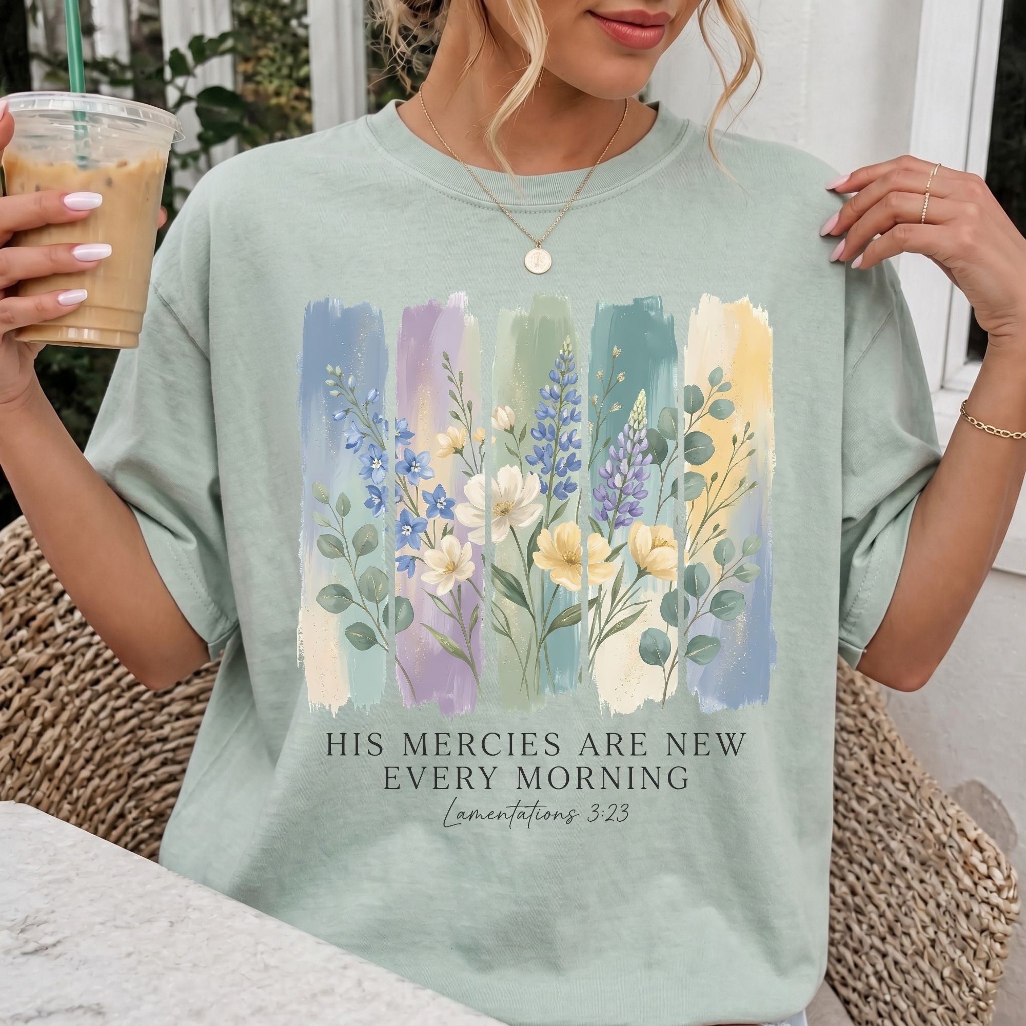 Woman wearing His Mercies Are New Every Morning Christian Comfort Colors T-Shirt in Bay