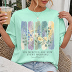 Woman wearing His Mercies Are New Every Morning Christian Comfort Colors T-Shirt in Island Reef