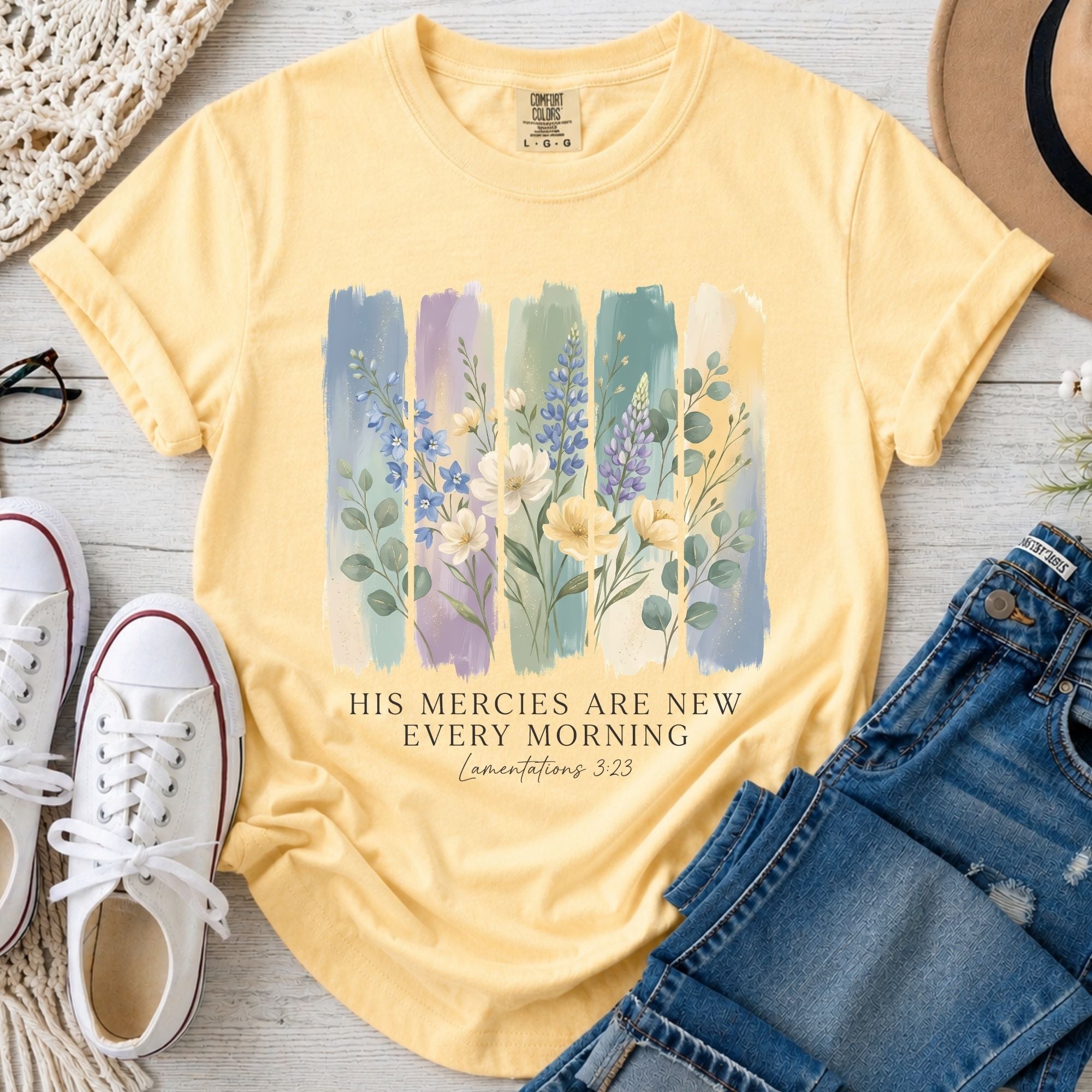 His Mercies Are New Every Morning Christian Comfort Colors T-Shirt in Butter