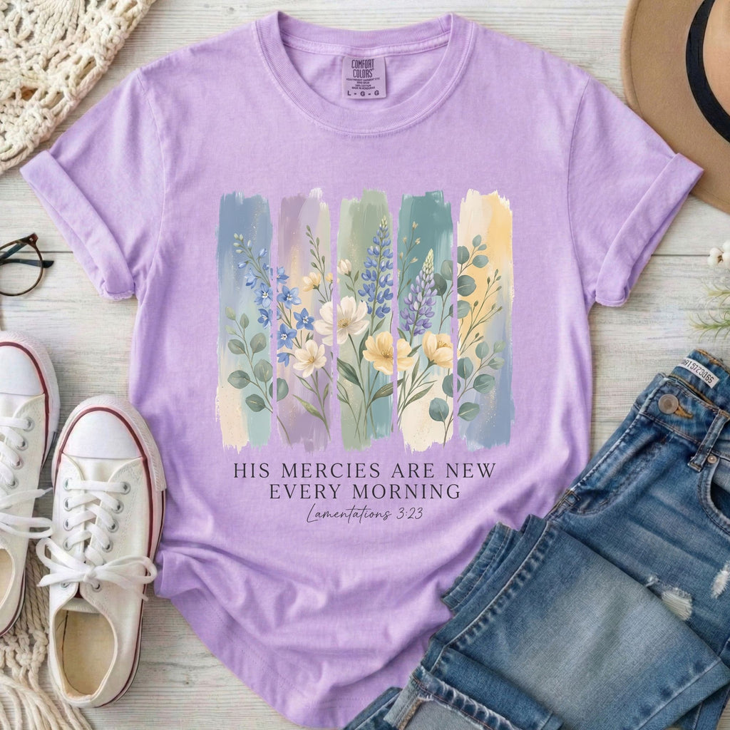 His Mercies Are New Every Morning Christian Comfort Colors T-Shirt in Orchid