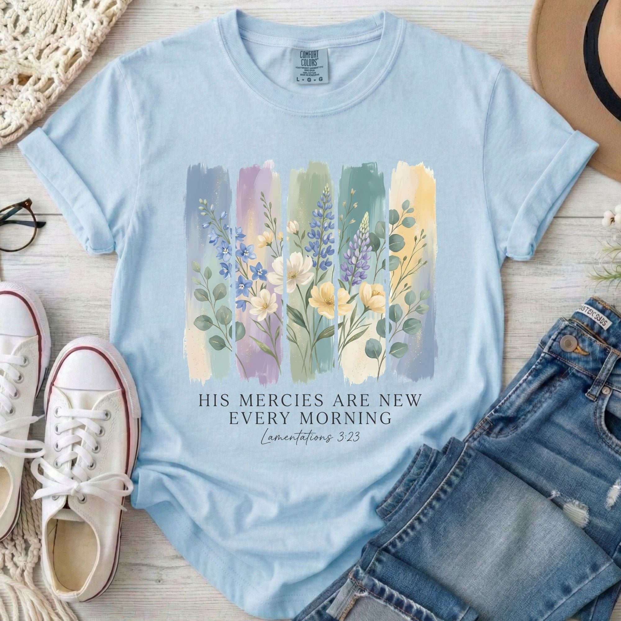 His Mercies Are New Every Morning Christian Comfort Colors T-Shirt in Chambray