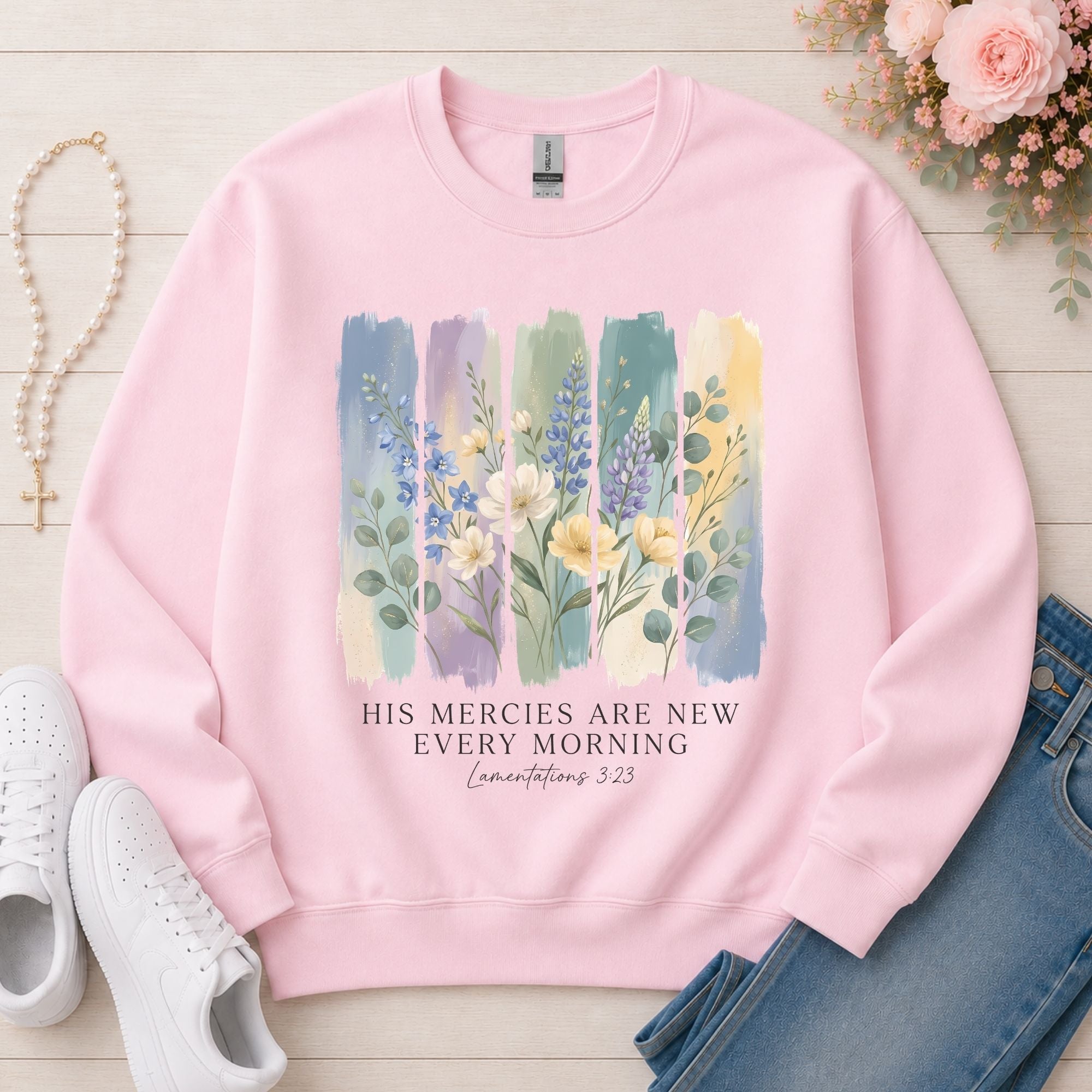 His Mercies Are New Every Morning Christian sweatshirt in Light Pink