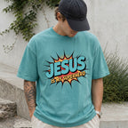 Man wearing Jesus Is My Superhero Christian Comfort Colors T-Shirt in Seafoam