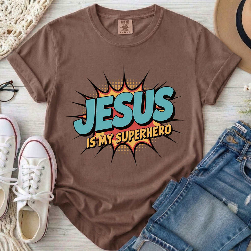 Jesus Is My Superhero Christian Comfort Colors T-Shirt in Espresso
