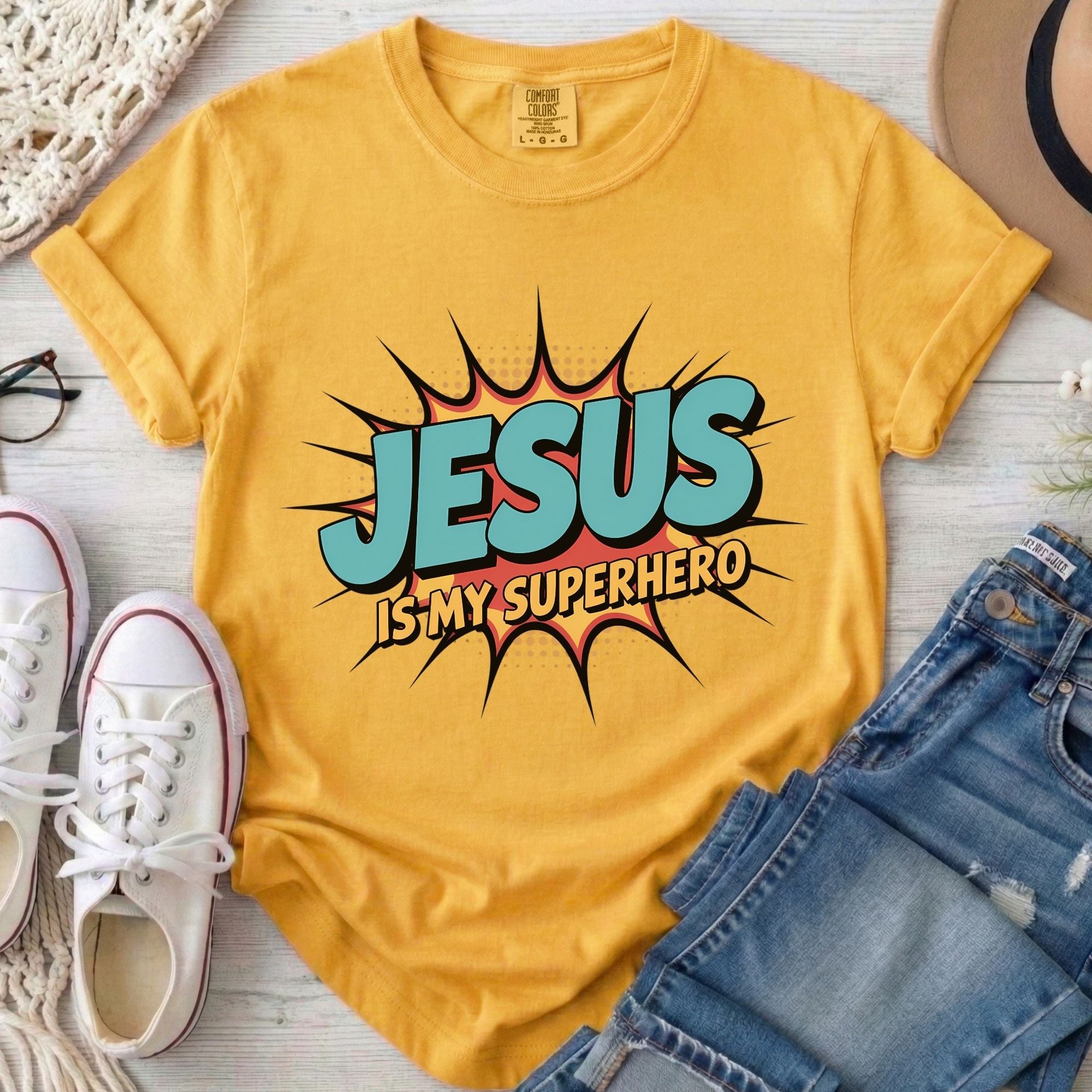 Jesus Is My Superhero Christian Comfort Colors T-Shirt in Mustard