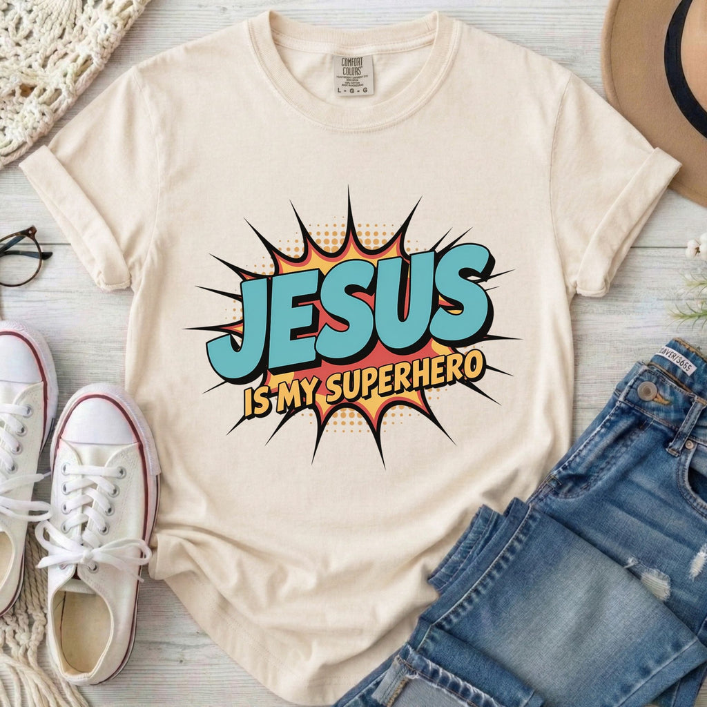 Jesus Is My Superhero Christian Comfort Colors T-Shirt in Ivory