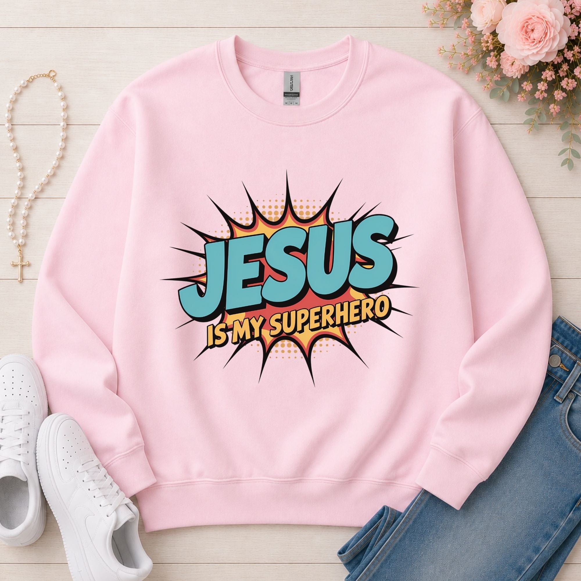 Jesus Is My Superhero Christian sweatshirt in Light Pink