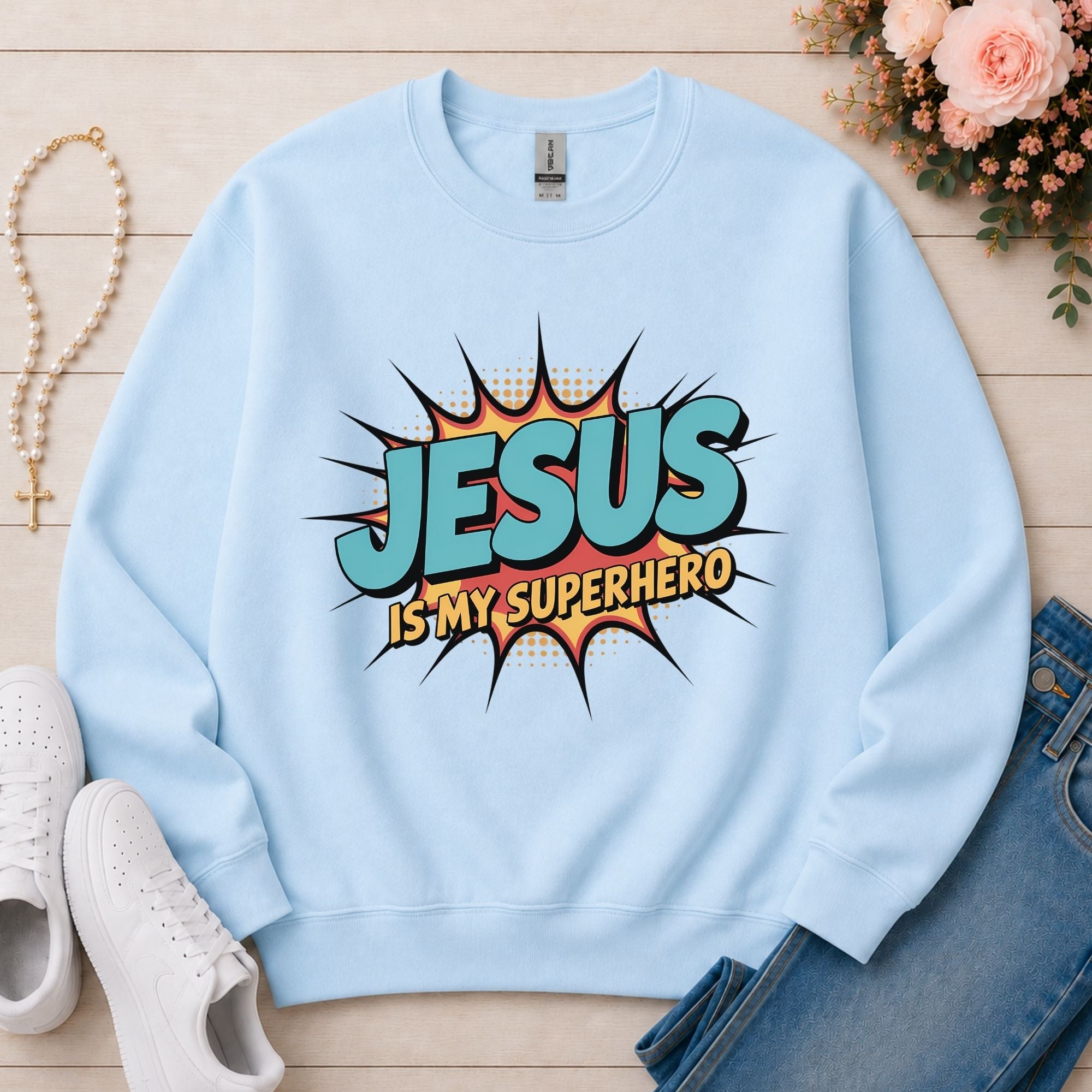 Jesus Is My Superhero Christian sweatshirt in Light Blue