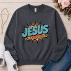 Jesus Is My Superhero Christian sweatshirt in Dark Heather