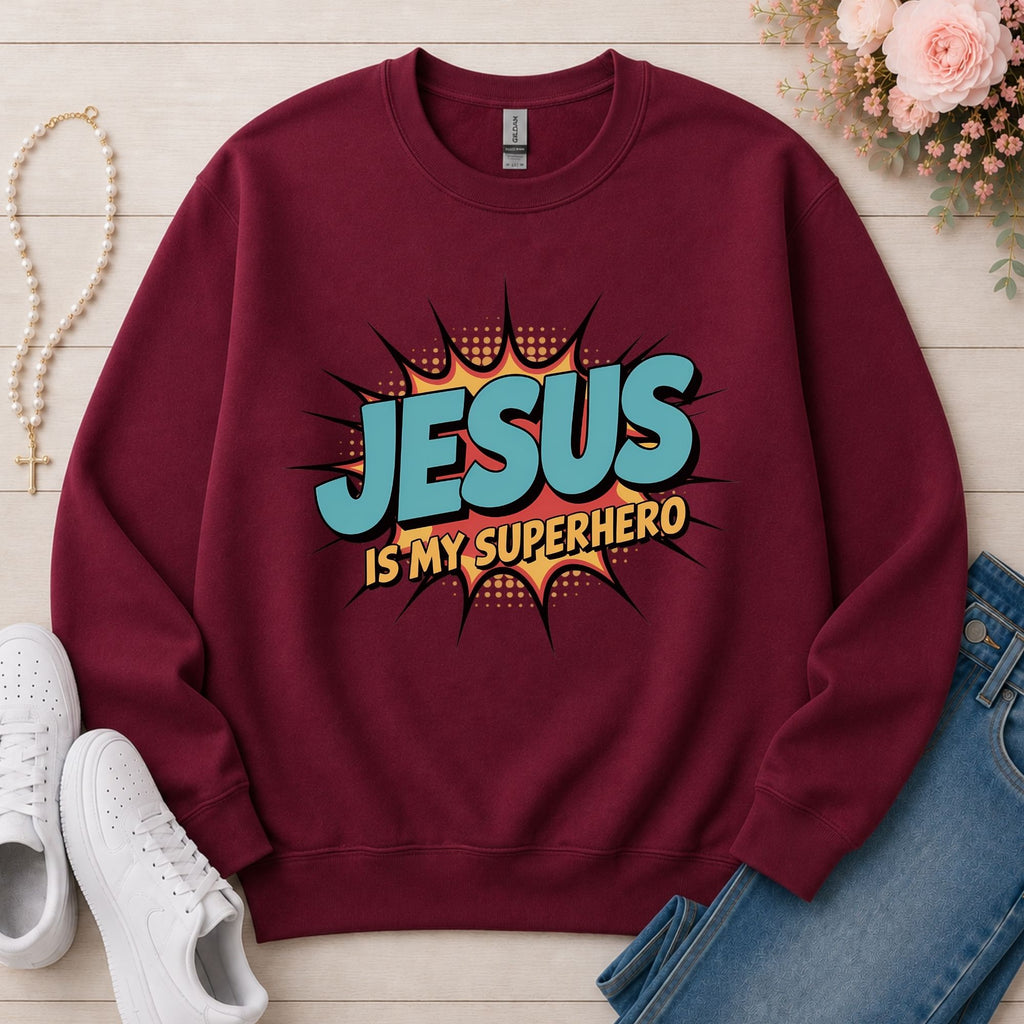Jesus Is My Superhero Christian sweatshirt in Maroon