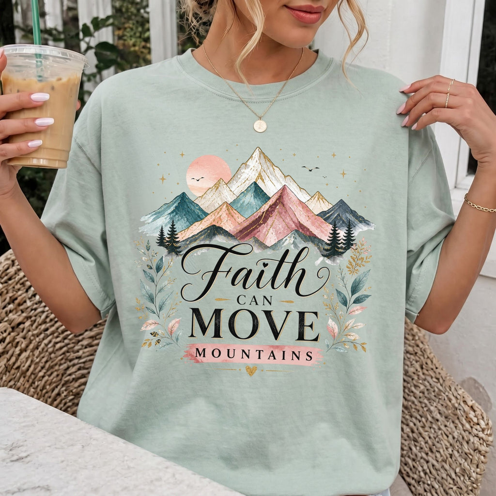Woman wearing Faith Can Move Mountains Christian Comfort Colors T-Shirt in Bay