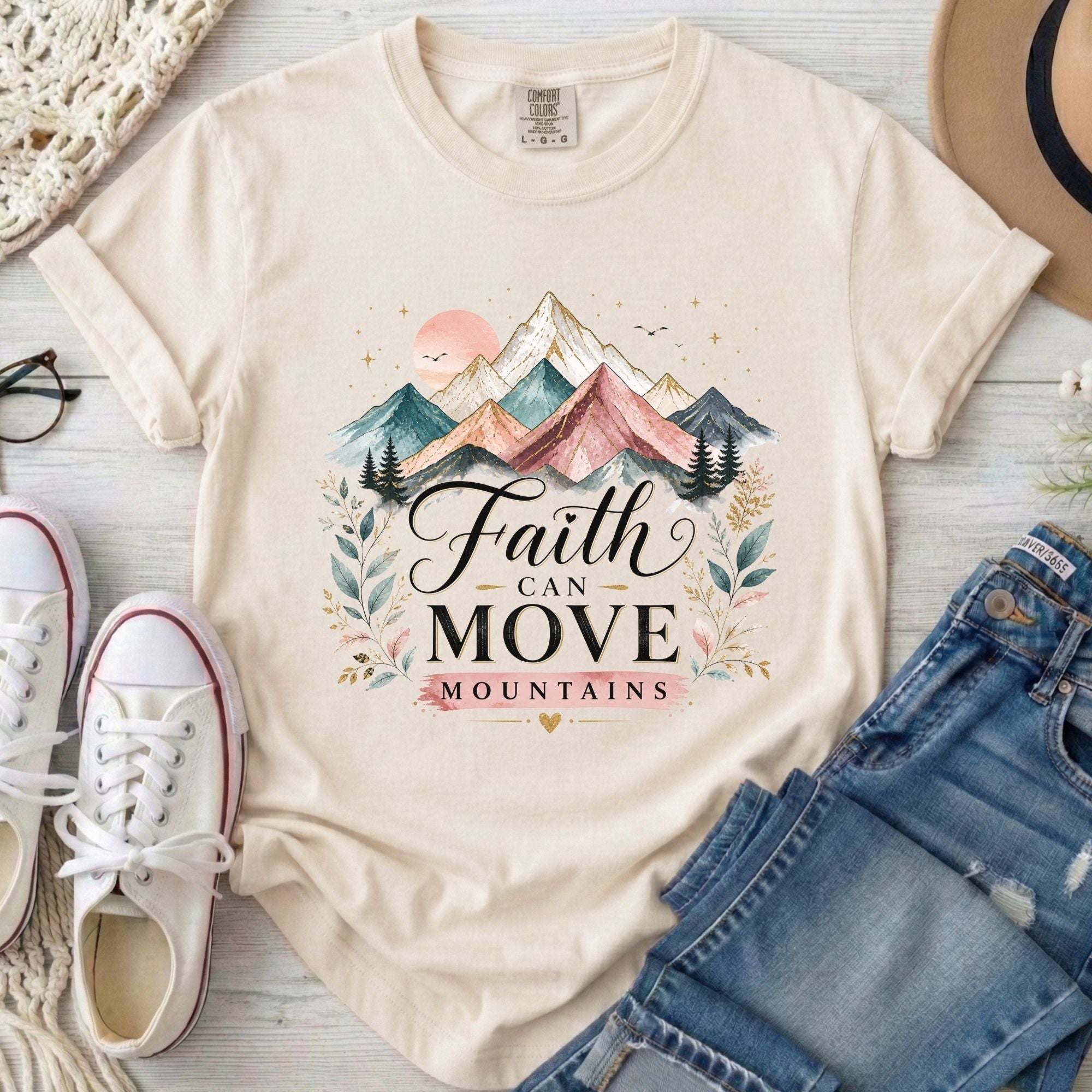 Faith Can Move Mountains Christian Comfort Colors T-Shirt in Ivory