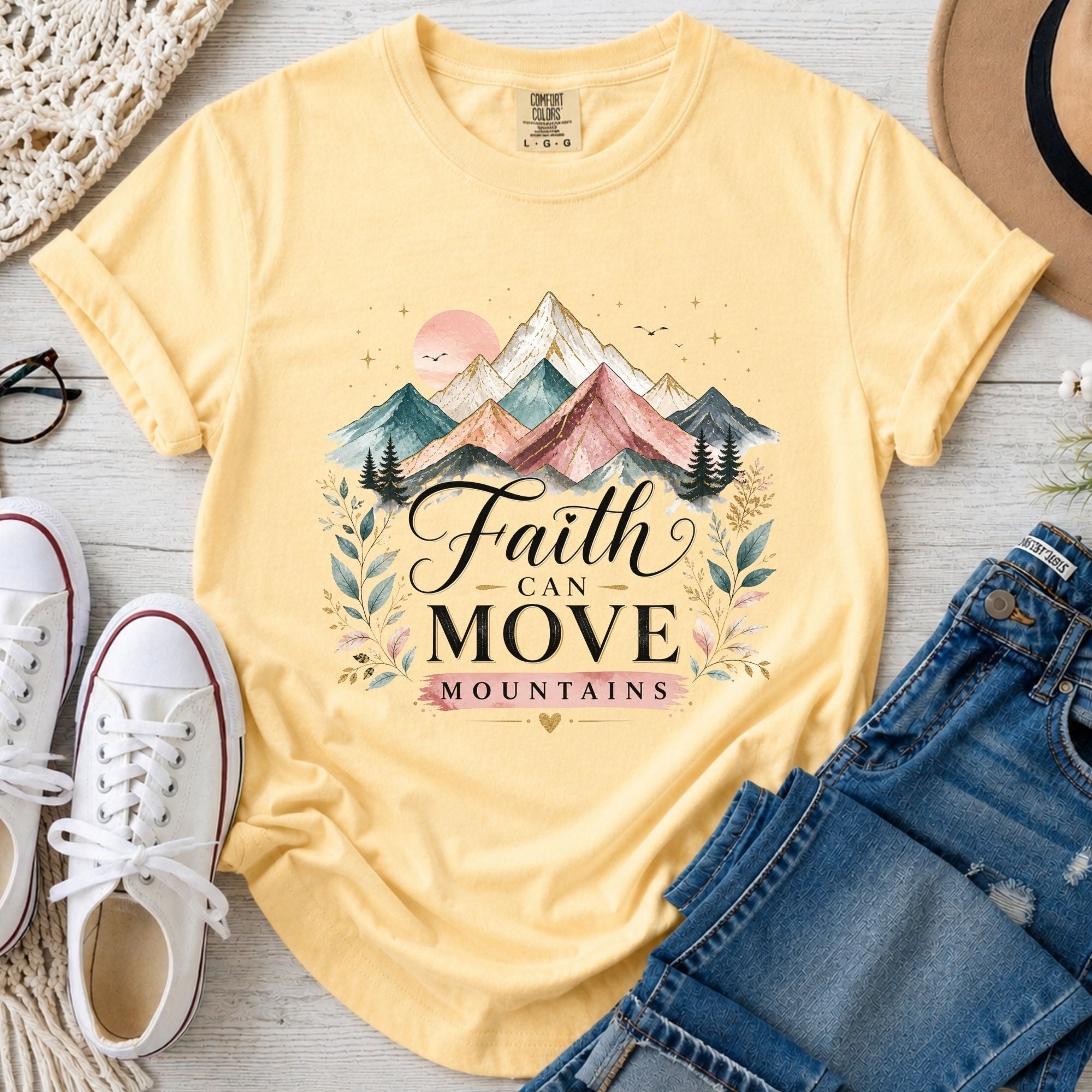 Faith Can Move Mountains Christian Comfort Colors T-Shirt in Butter