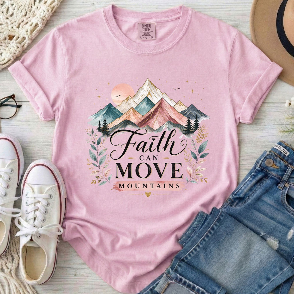 Faith Can Move Mountains Christian Comfort Colors T-Shirt in Blossom