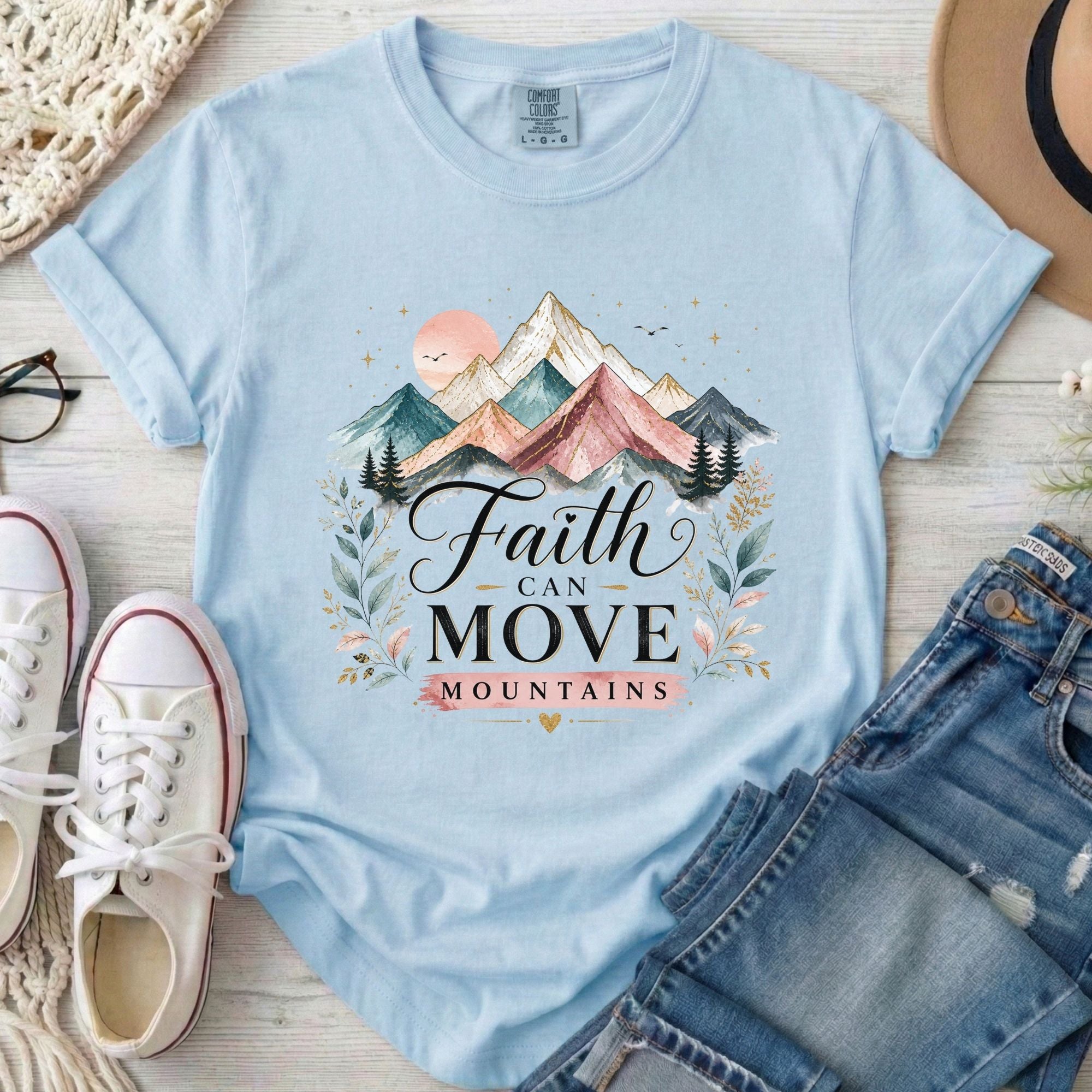Faith Can Move Mountains Christian Comfort Colors T-Shirt in Chambray