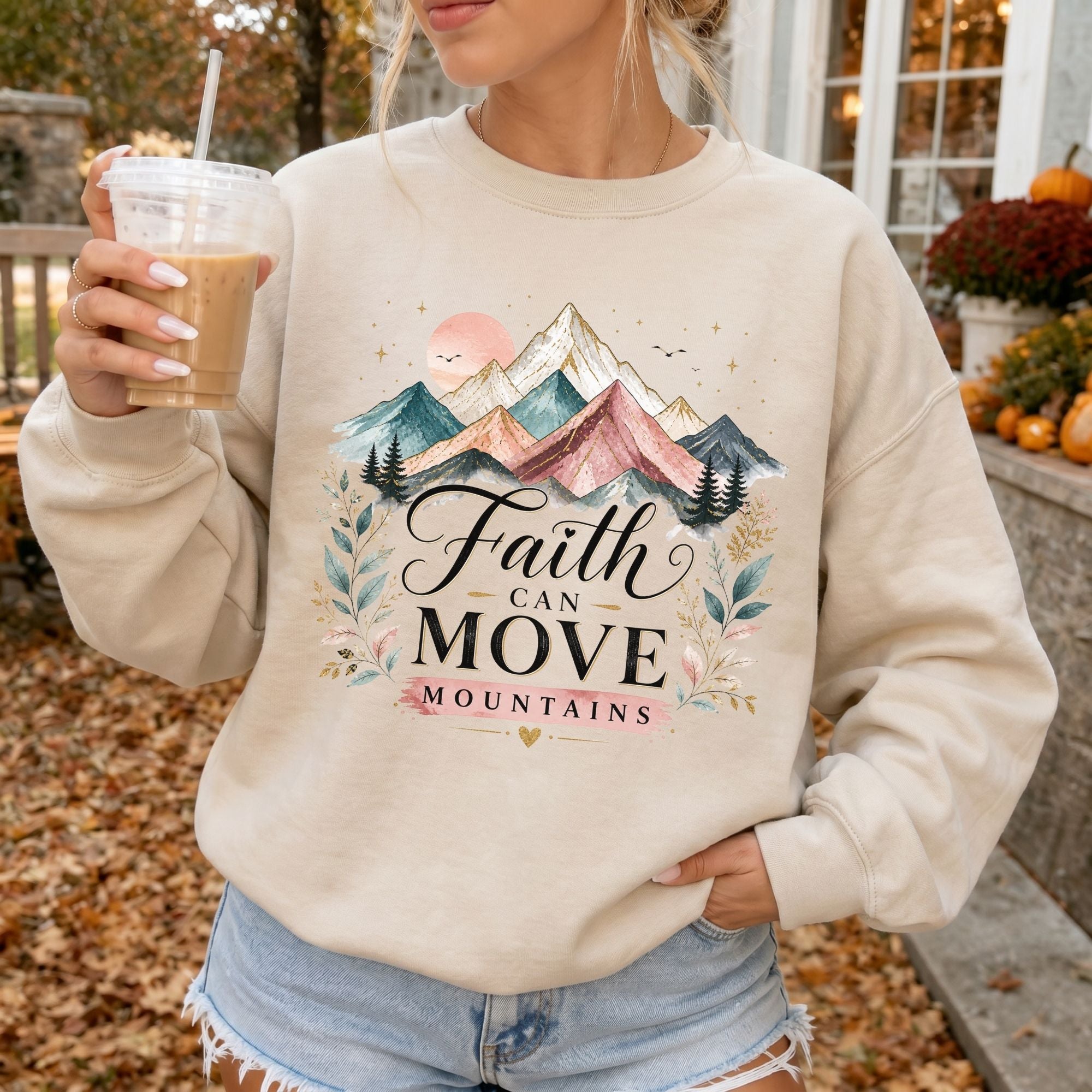 Woman wearing Faith Can Move Mountains Christian sweatshirt in Sand
