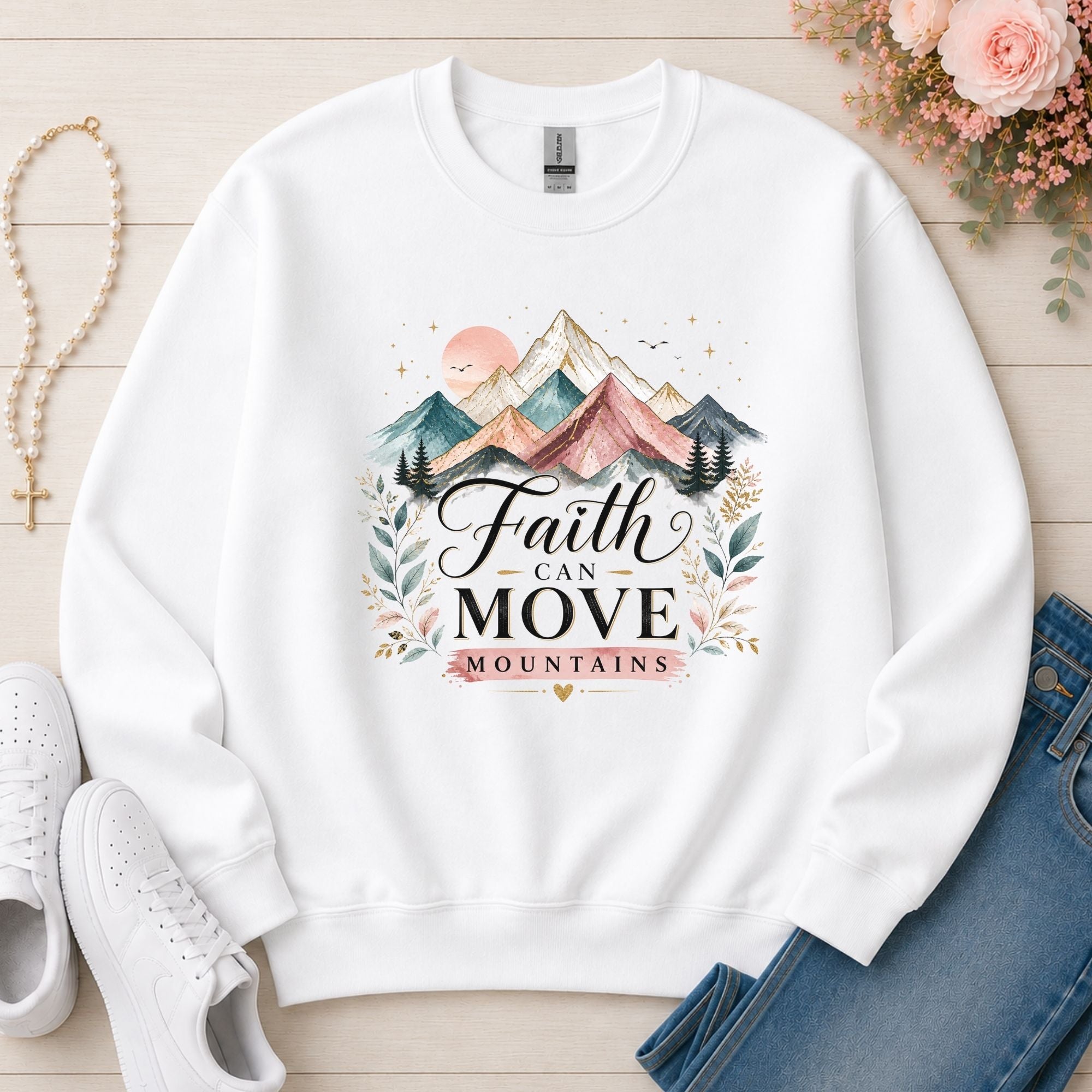 Faith Can Move Mountains Christian sweatshirt in White