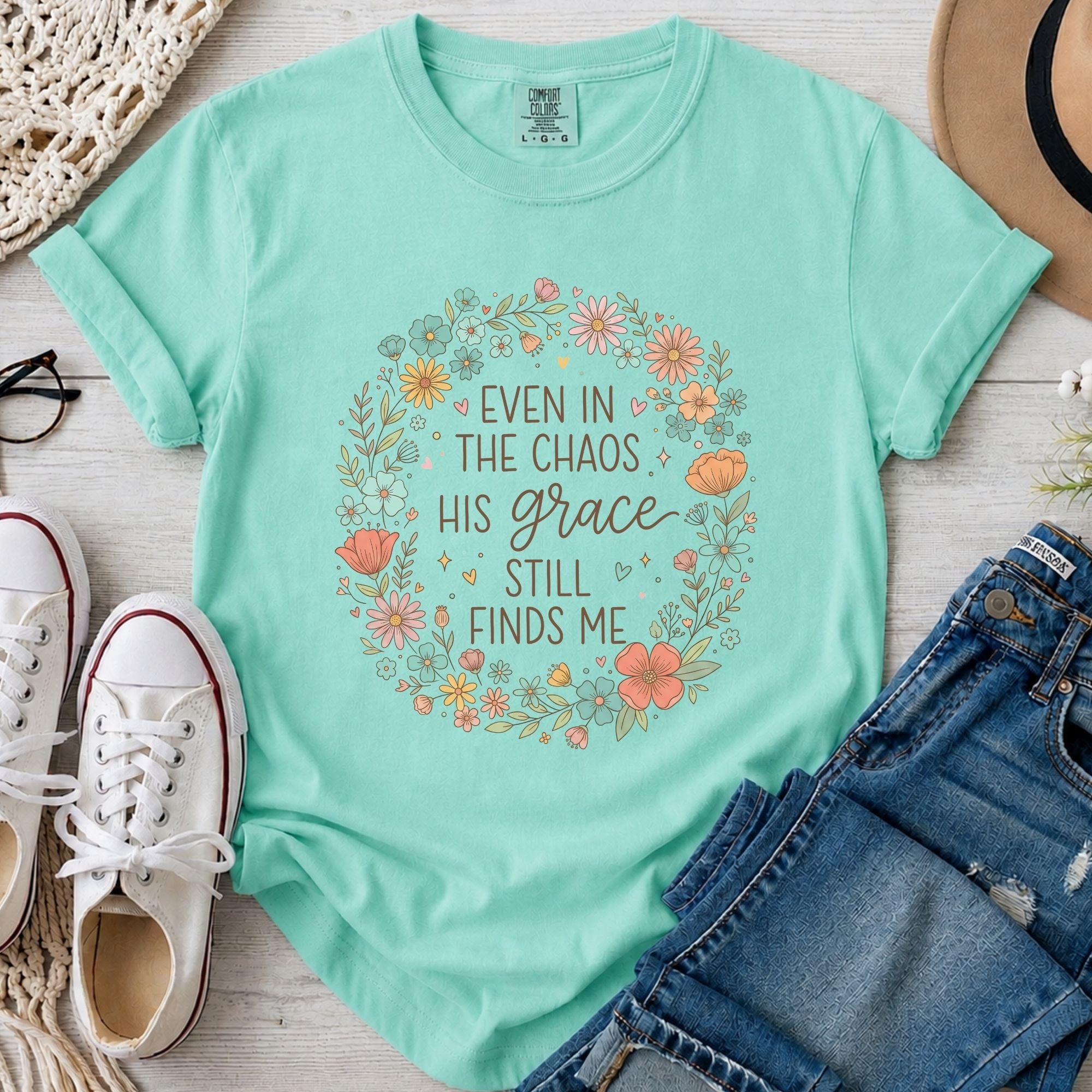 Even in the Chaos His Grace Still Finds Me Christian Comfort Colors T-Shirt in Island Reef