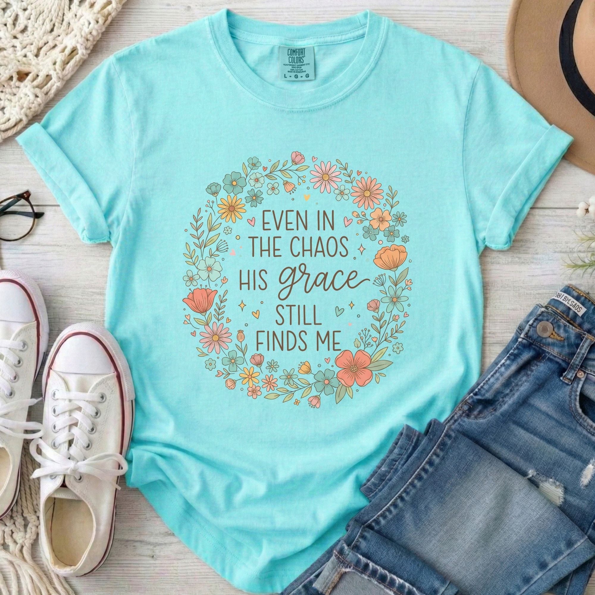 Even in the Chaos His Grace Still Finds Me Christian Comfort Colors T-Shirt in Chalky Mint