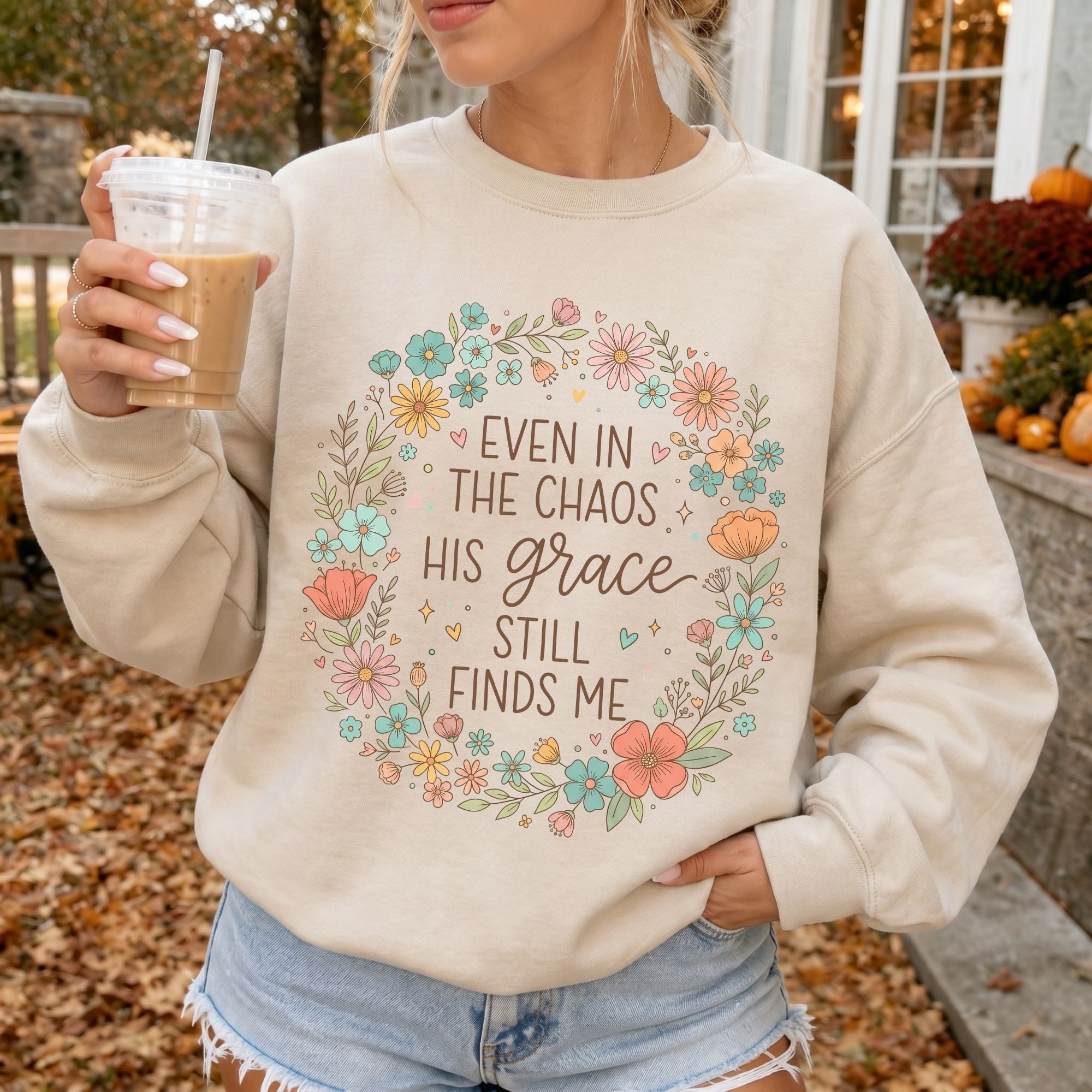 Woman wearing Even in the Chaos His Grace Still Finds Me Christian sweatshirt in Sand