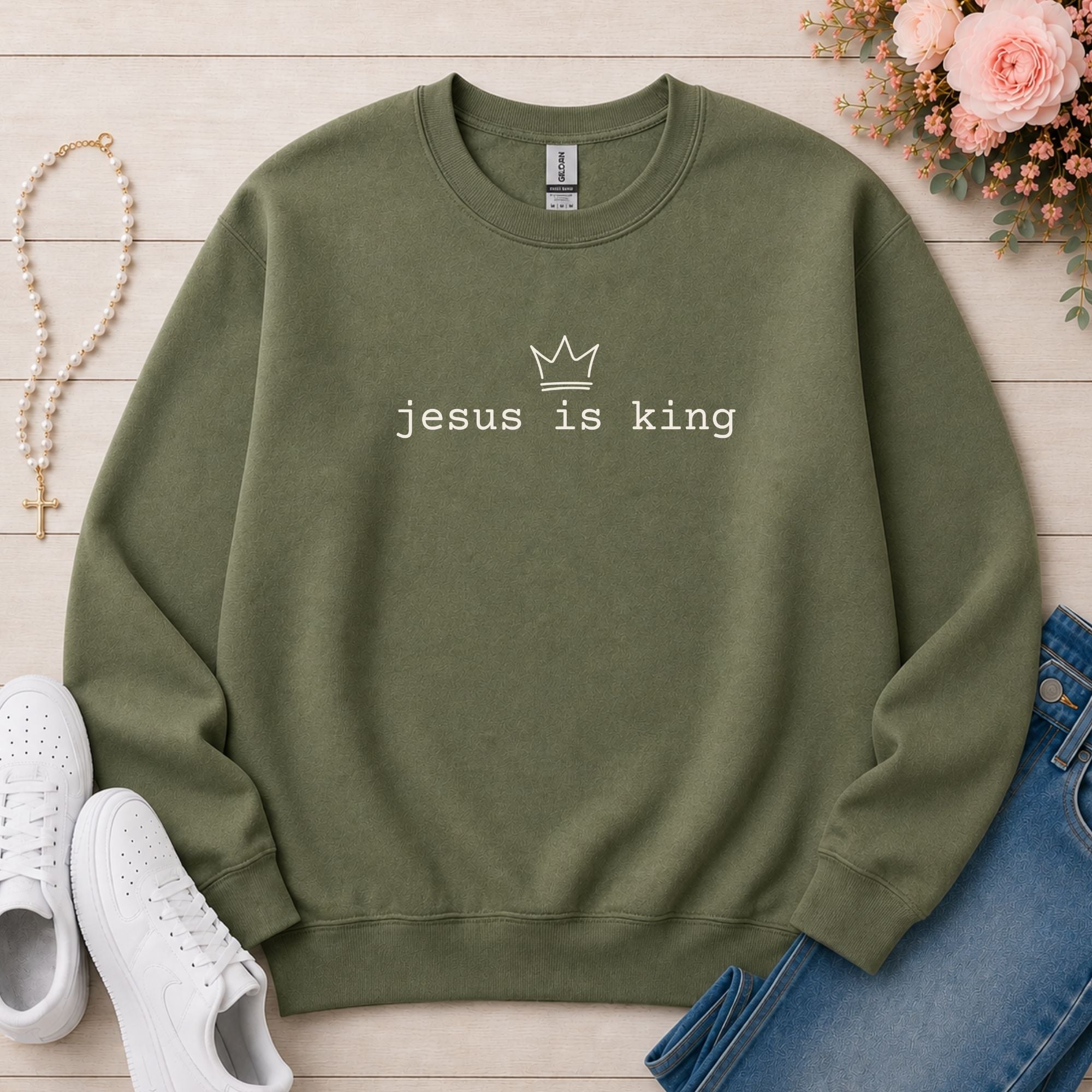 Jesus Is King Christian sweatshirt in Military Green