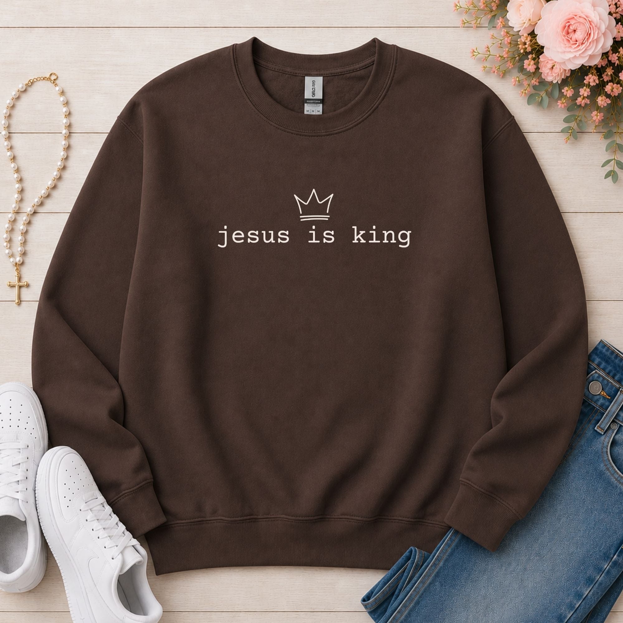 Jesus Is King Christian sweatshirt in Dark Chocolate