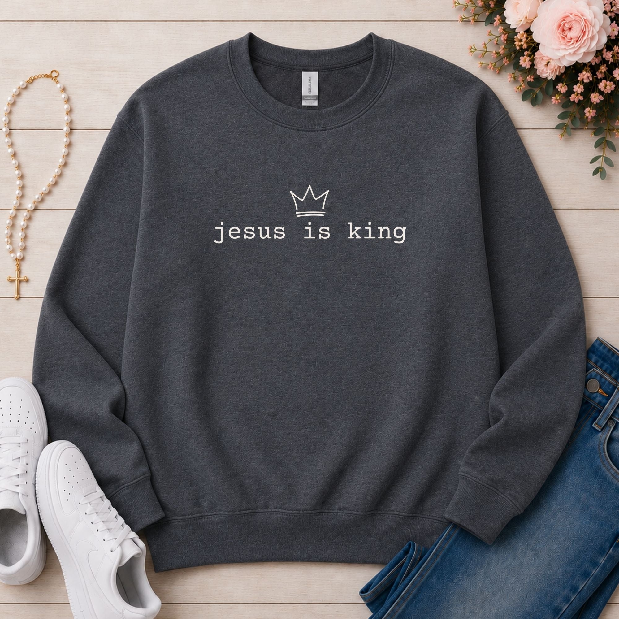 Jesus Is King Christian sweatshirt in Dark Heather