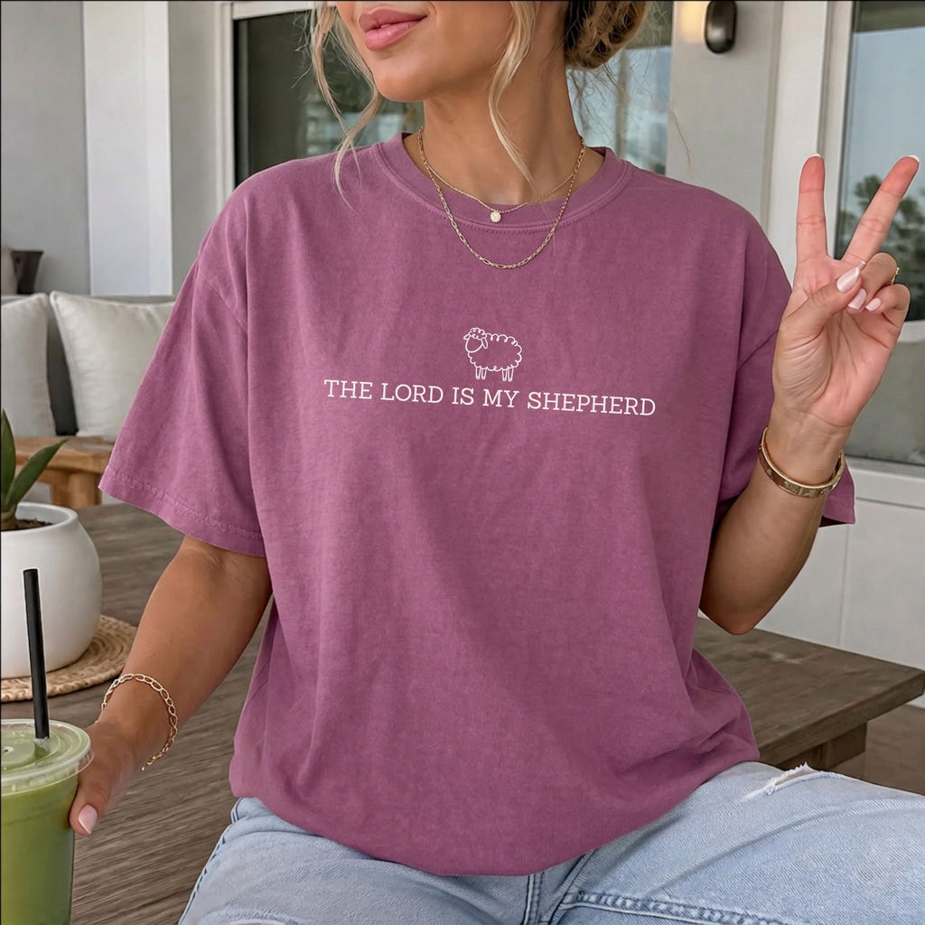 Woman wearing The Lord Is My Shepherd Christian Comfort Colors T-Shirt in Berry