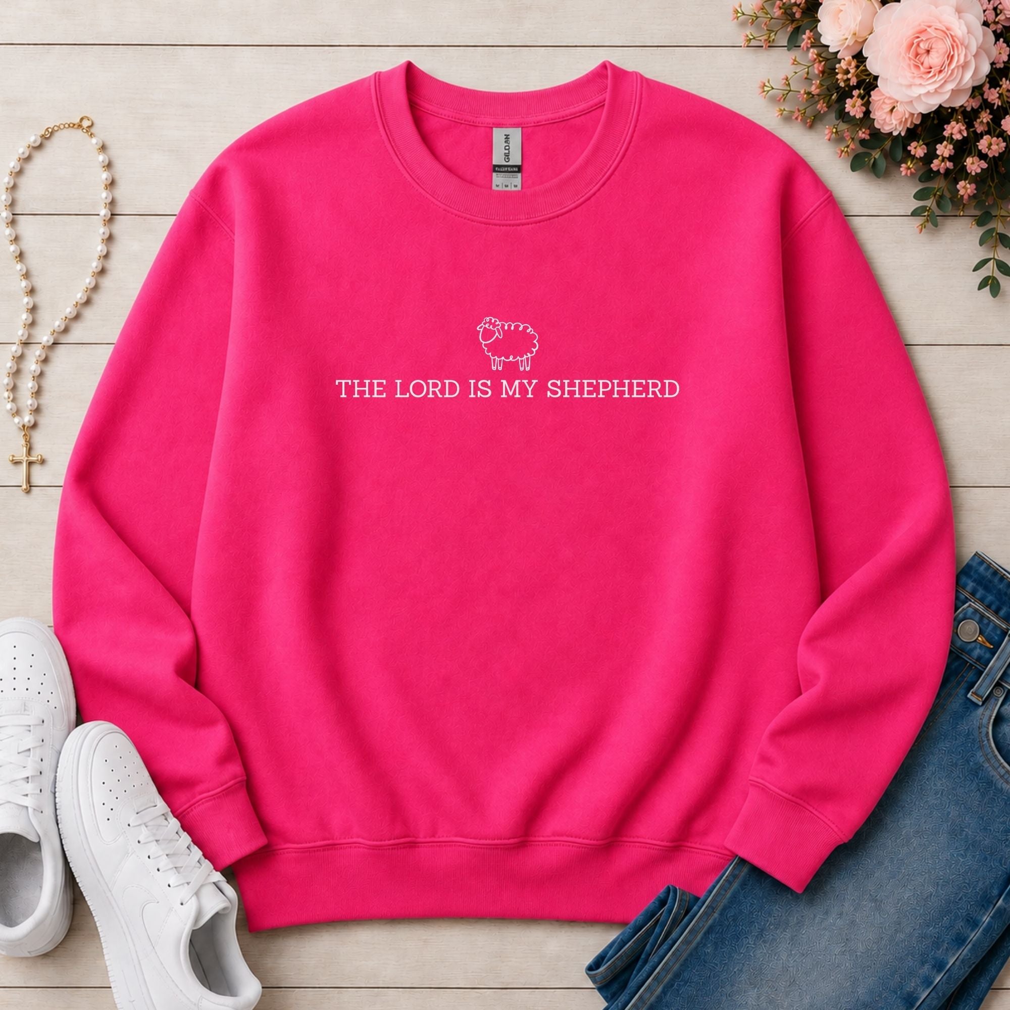 The Lord Is My Shepherd Christian sweatshirt in Heliconia