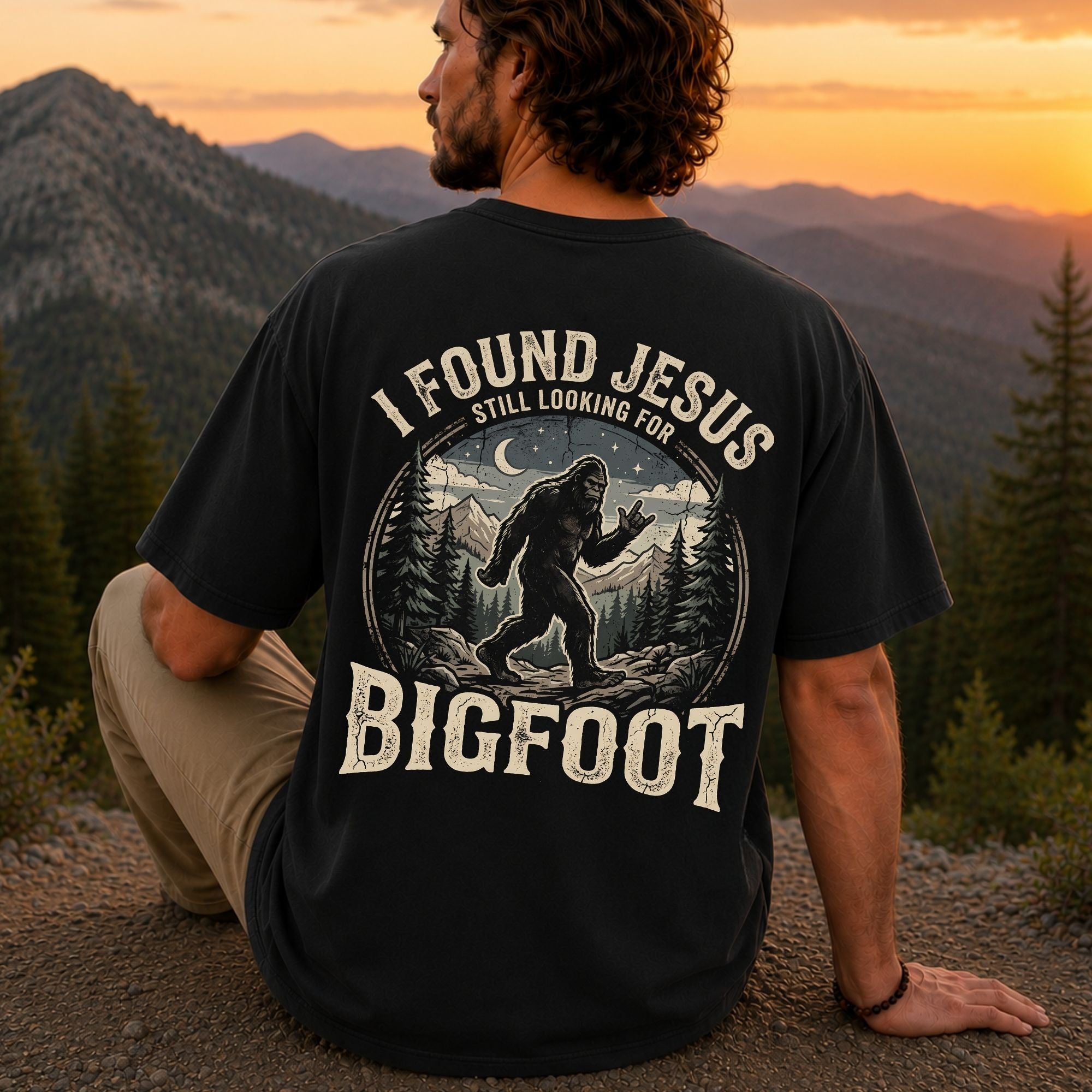 Man wearing I Found Jesus Still Looking for Bigfoot Christian Comfort Colors T-Shirt in Black