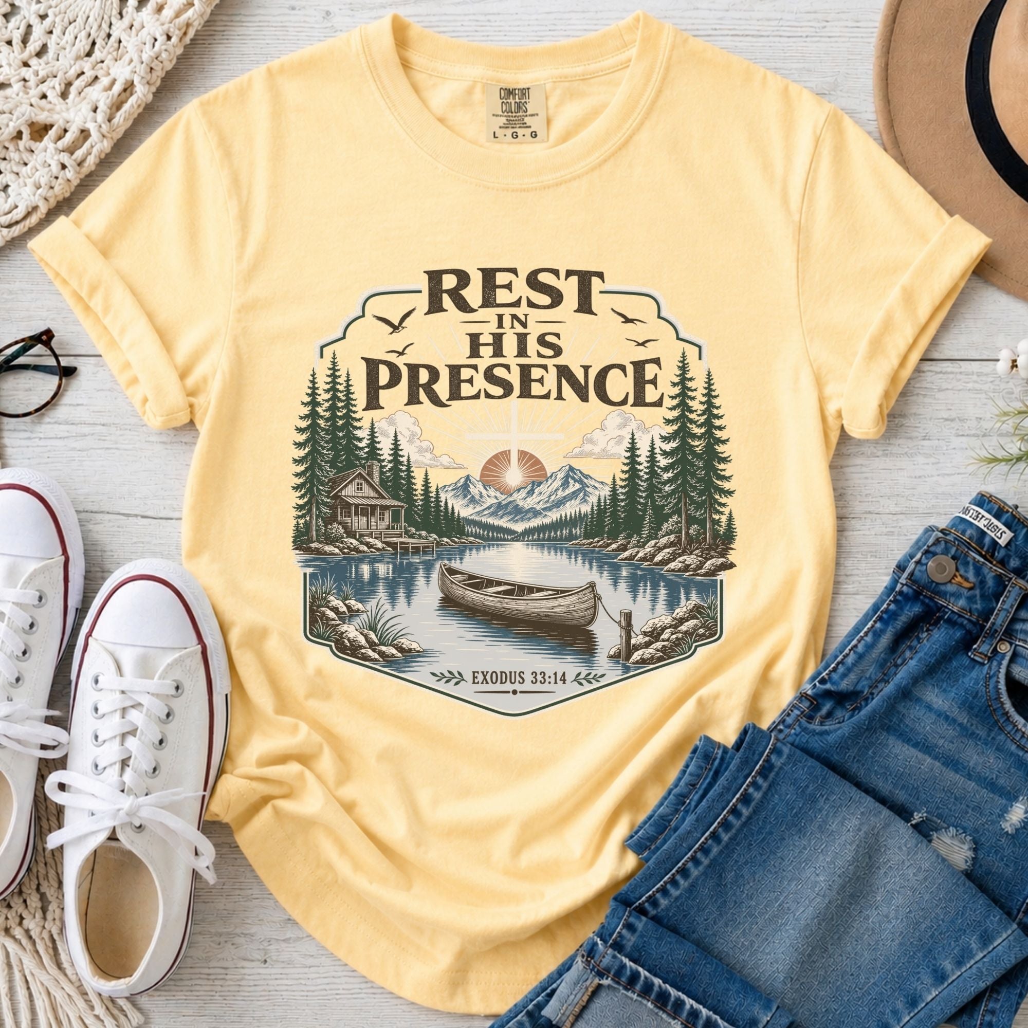 Rest in His Presence Christian Comfort Colors T-Shirt in Butter