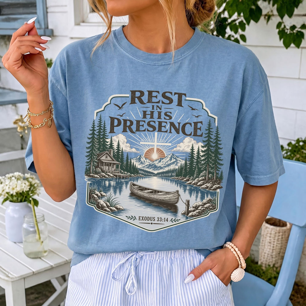 Woman wearing Rest in His Presence Christian Comfort Colors T-Shirt in Washed Denim