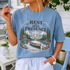 Woman wearing Rest in His Presence Christian Comfort Colors T-Shirt in Washed Denim