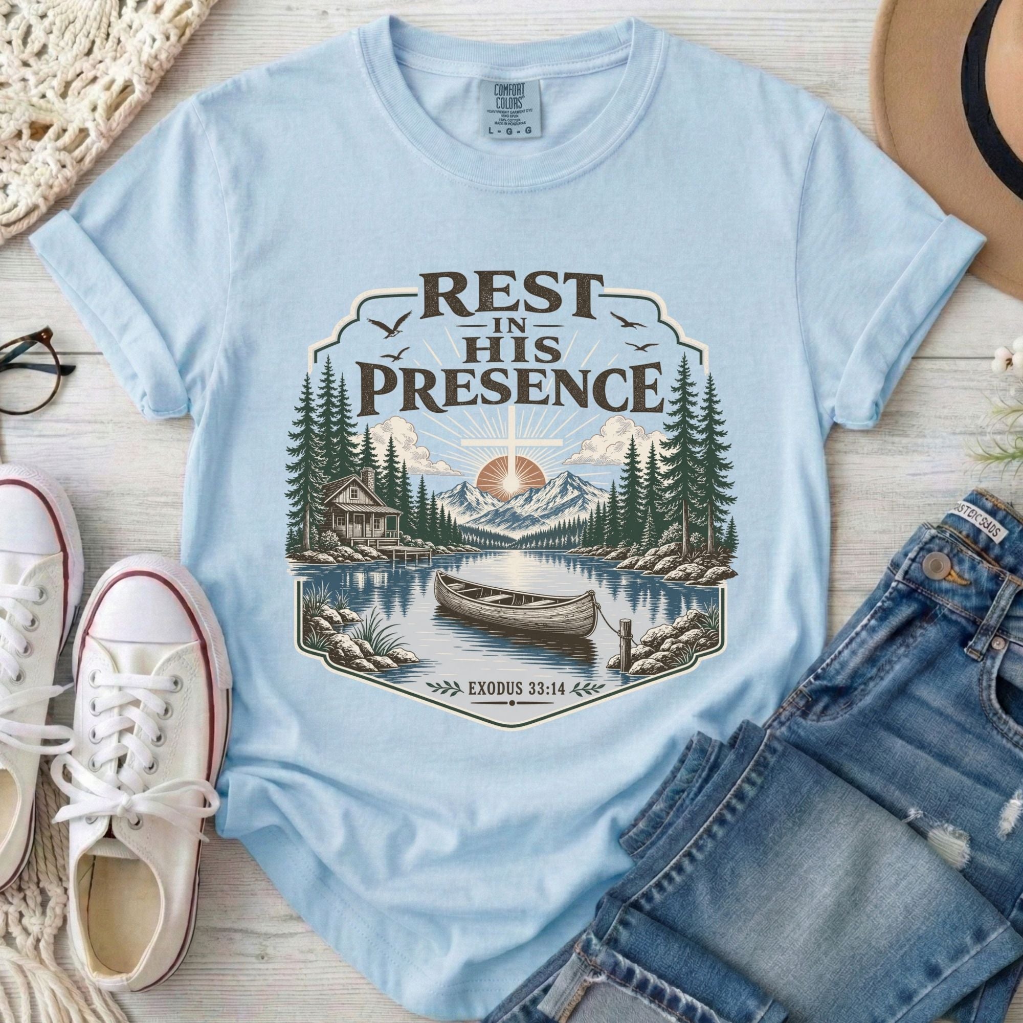 Rest in His Presence Christian Comfort Colors T-Shirt in Chambray