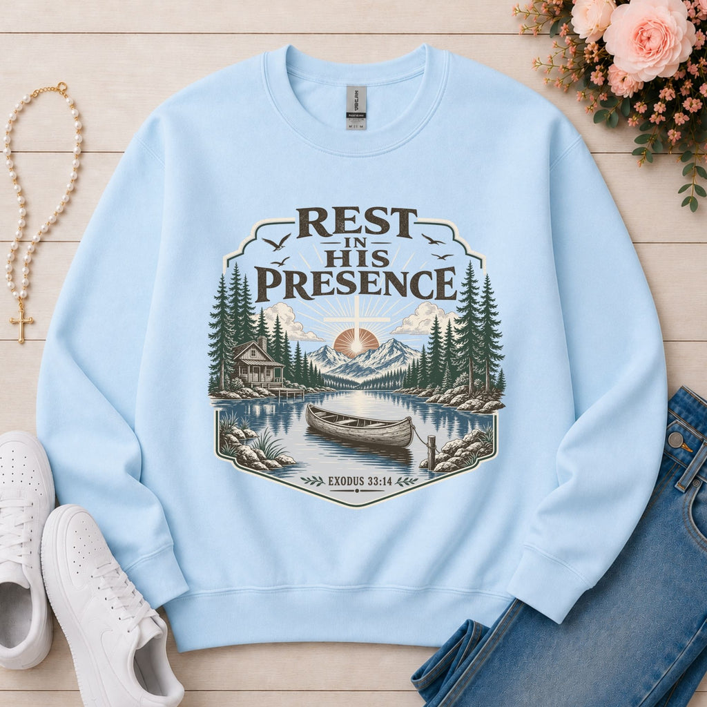 Rest in His Presence Christian sweatshirt in Light Blue